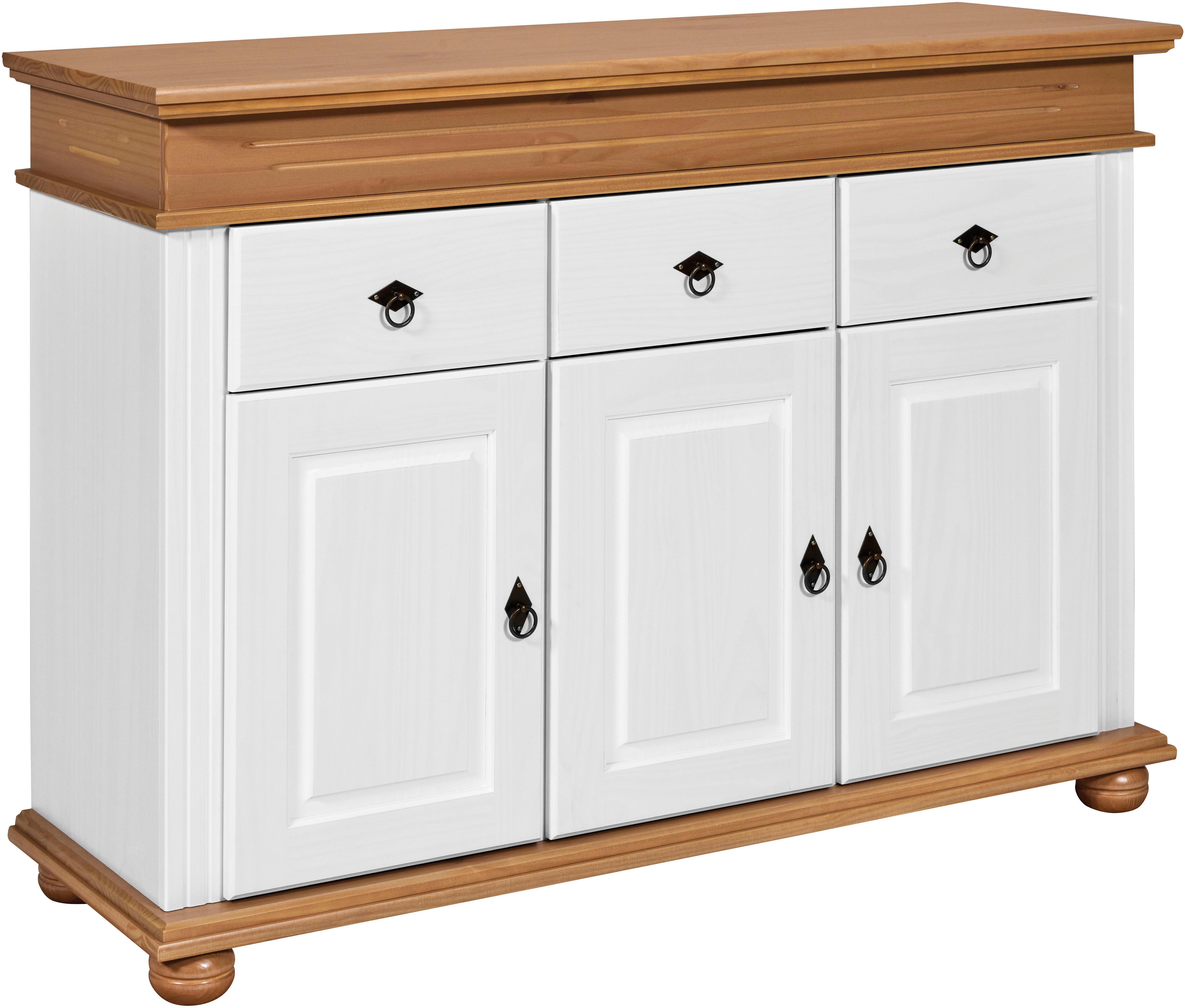 Inter Link Anrichte Halmaro, Kiefer Massivholz, Soft-close, 141 x 46 x 100 cm, Stauraum (1 St), Sideboard in Weiss, Braun/Oak, Landhausstil, 3 Türen, 3 Schubladen
