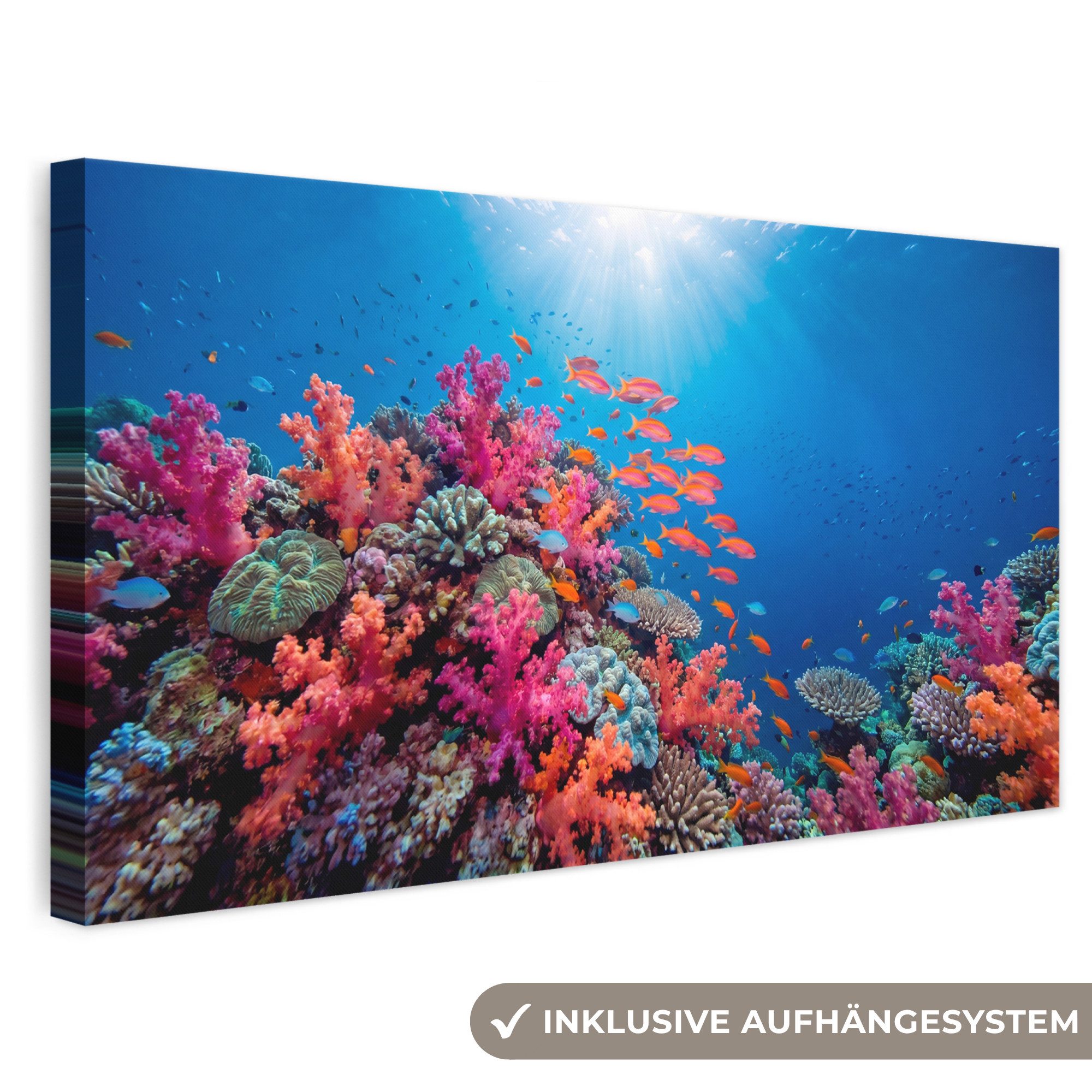 OneMillionCanvasses® Leinwandbild Panorama Unterwasser – Korallenriff – Fische – Ozean – Natur, Fotodruck (1 St), Wandbild, Deko Schlafzimmer Wohnzimmer Flur 40x20 cm