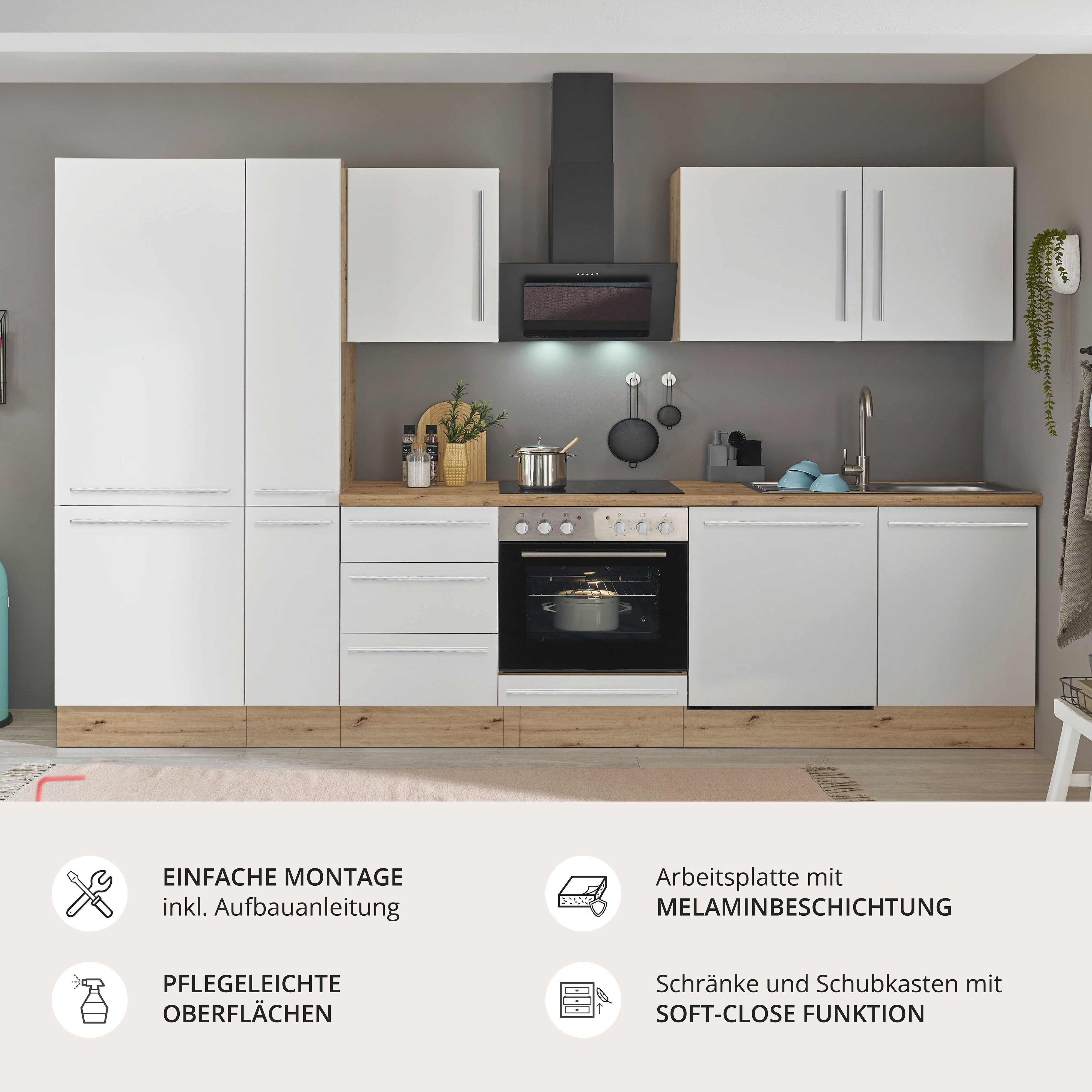 KOCHSTATION Küchenzeile Florida, Breite 310 cm, wahlweise mit E-Geräten,Softclose für Türen/Schubkästen