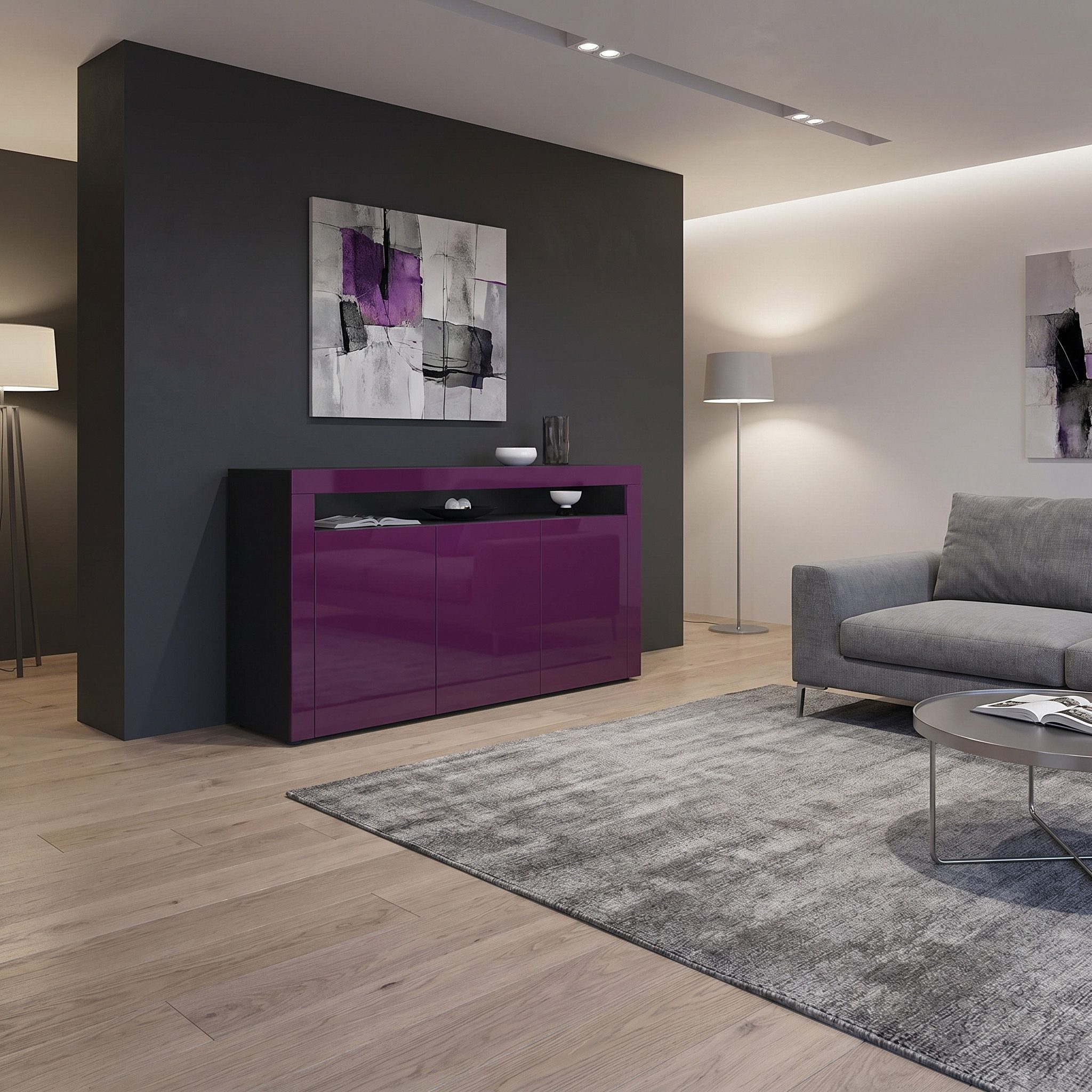 Vladon Sideboard Valencia (Sideboard, mit 3 Türen und 1 offenem Fach), Schwarz matt/Brombeer Hochglanz/Brombeer Hochglanz (155 x 92 x 40 cm)