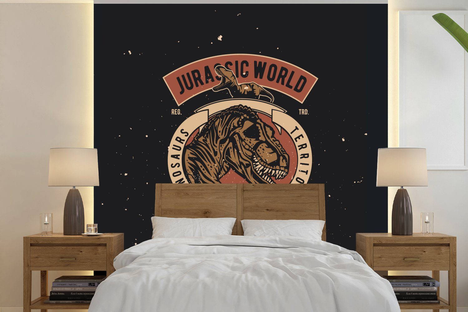 MuchoWow bedruckt, Jurassische Schlafzimmer, - Vintage, oder Wandtapete Vinyl Dinosaurier Matt, für St), Fototapete - Wohnzimmer Tapete Welt (5