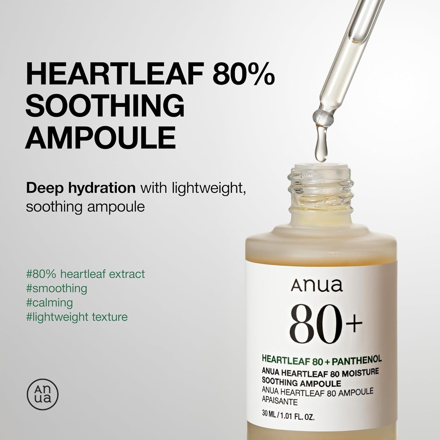 Anua Gesichtsserum Heartleaf 80 % Moisture Soothing Ampoule 30 ml – beruhigendes Serum mit 80 % Heartleaf-Extrakt, feuchtigkeitsspendend, vegan, parabenfrei, k-beauty, für empfindliche Haut, schnelle Aufnahme, hautberuhigend