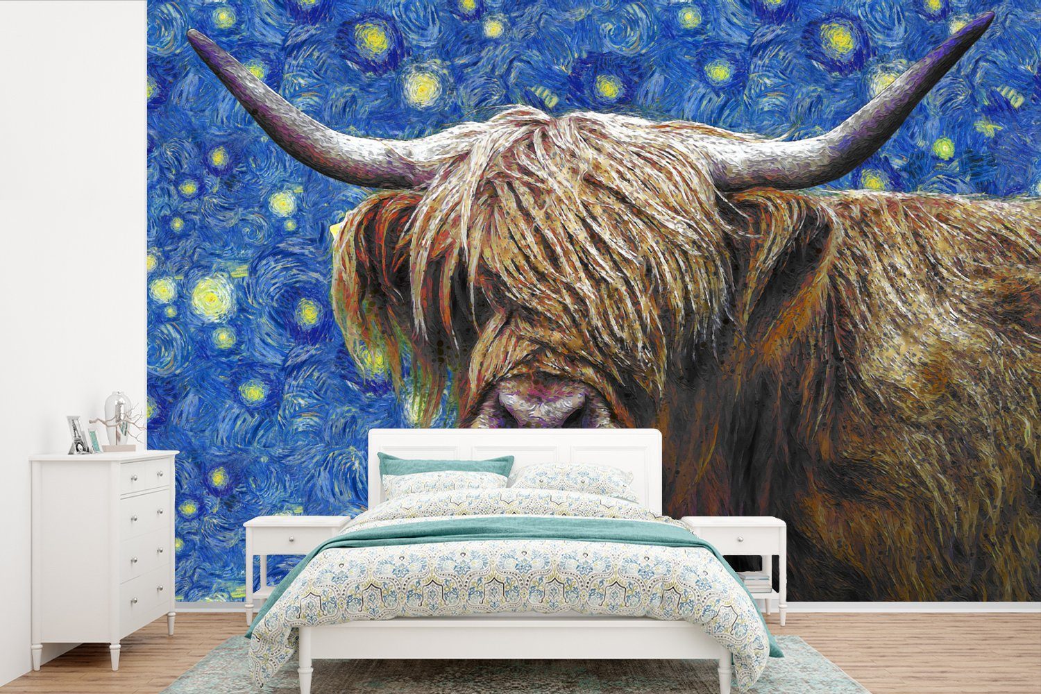 MuchoWow Fototapete Scottish Highlander - Sternennacht - Van Gogh, Matt, bedruckt, (6 St), Wallpaper für Wohnzimmer, Schlafzimmer, Kinderzimmer, Vinyl Tapete