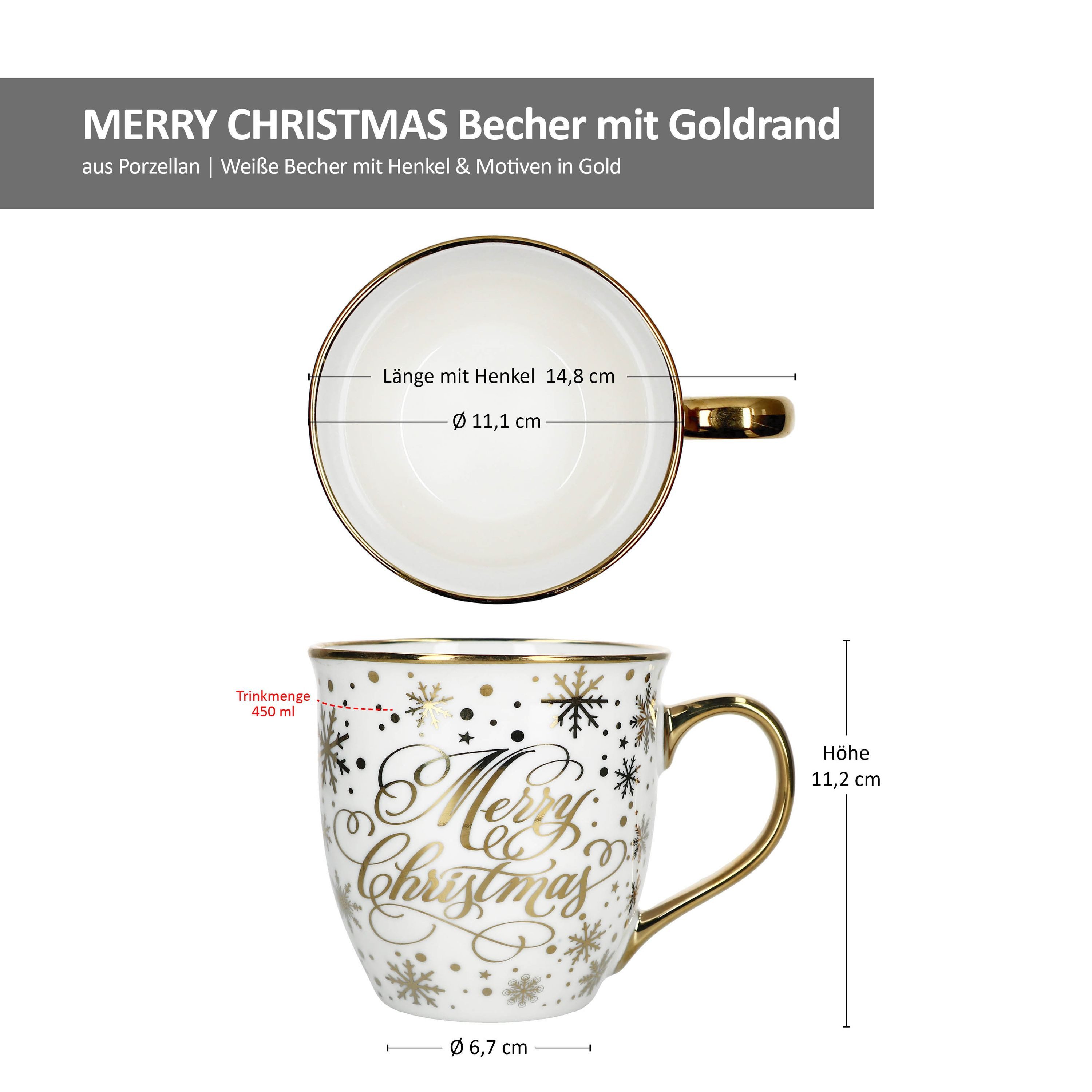 MamboCat Becher MamboCat 2er Set Jumbobecher Merry Christmas Goldrand Teebecher Kaffee, Porzellan