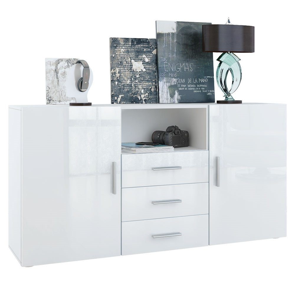 Vladon Sideboard Skadu (Kommode, mit 2 Türen, 3 Schubladen und 1 offenem Fach), Weiß matt/Weiß Hochglanz (138,5 x 71,5 x 35 cm)