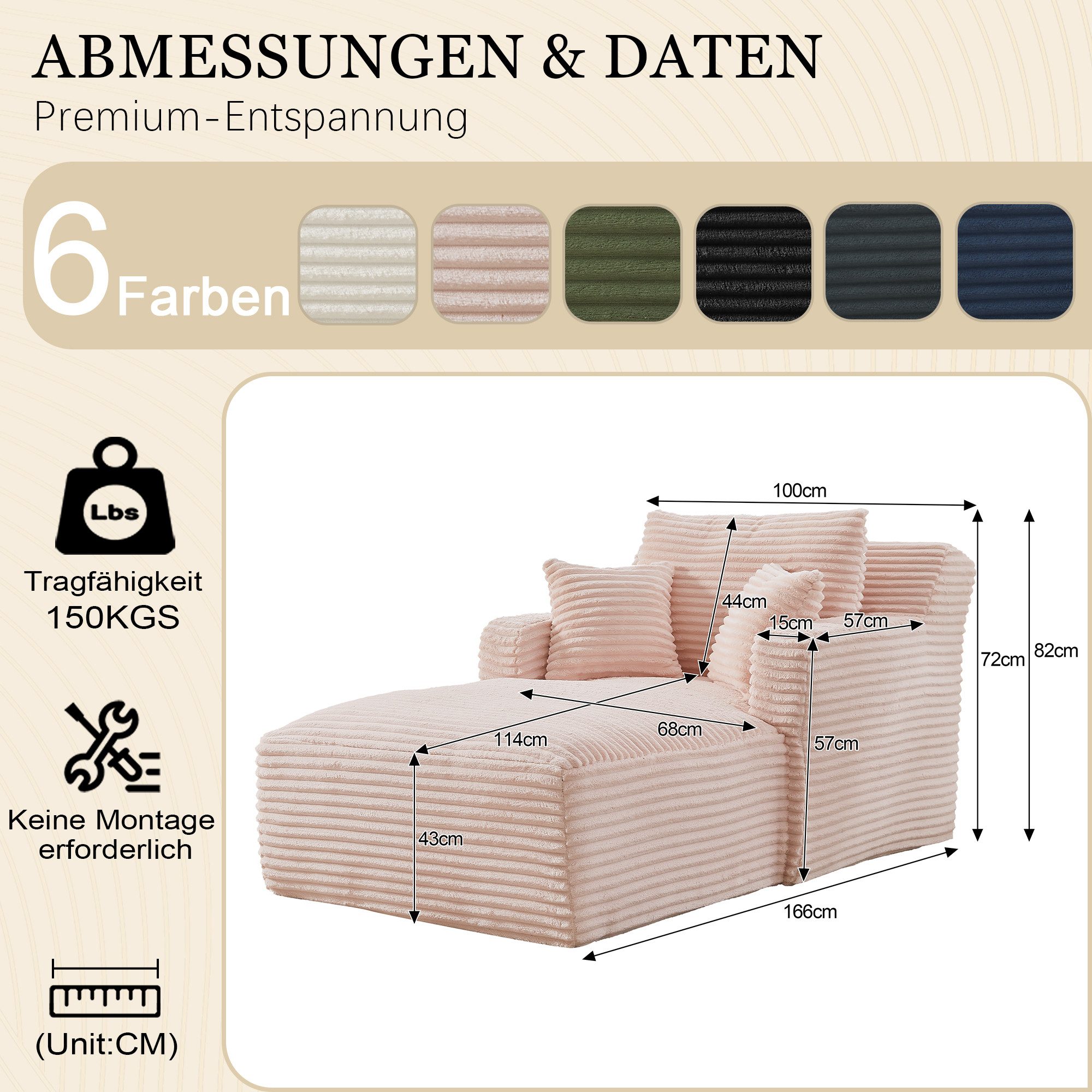 GLP Chaiselongue Bodensofa mit Schlaffunktion, Cord Chaiselongue Relaxsessel Schlafsofa ohne Montage