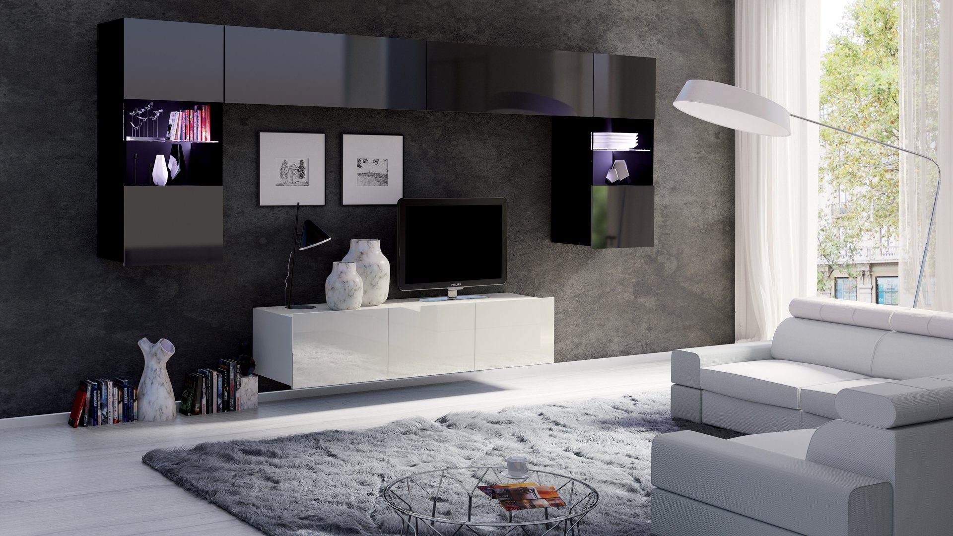 Unique Schwarz/Weiß Hochglanz/ wählbar, Wohnwand Beleuchtung CAL02, Grifflos, Farbe Wohnwand mit LED Matt, Home