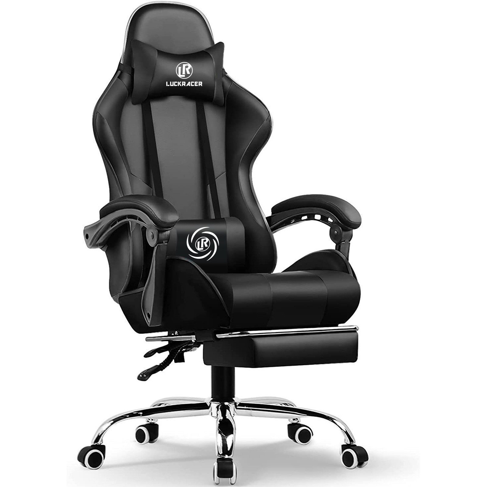 LUCKRACER Gaming-Stuhl Bürostuhl mit Fußstütze, Kopfstütze, Gaming Sessel (Packung), Ergonomischer Gamer Stuhl, Maximale Belastung 150 kg, 360° drehbar