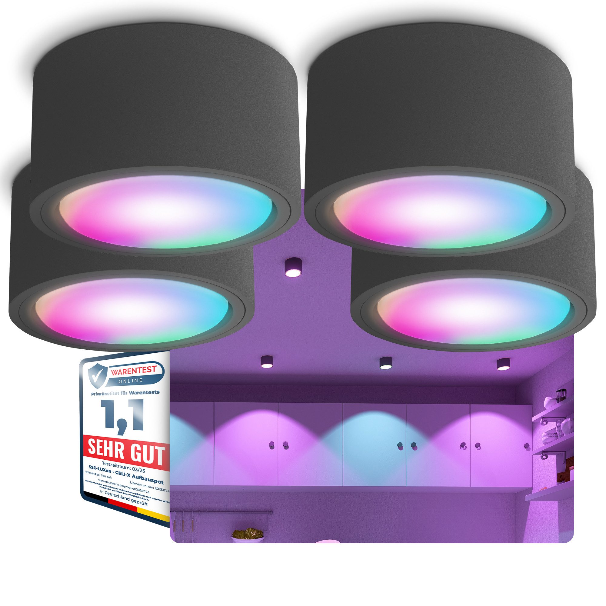 SSC-LUXon LED Aufbaustrahler CELI-X Decken Aufbauspot flach anthrazit rund mit Smart WLAN RGB LED, Smart