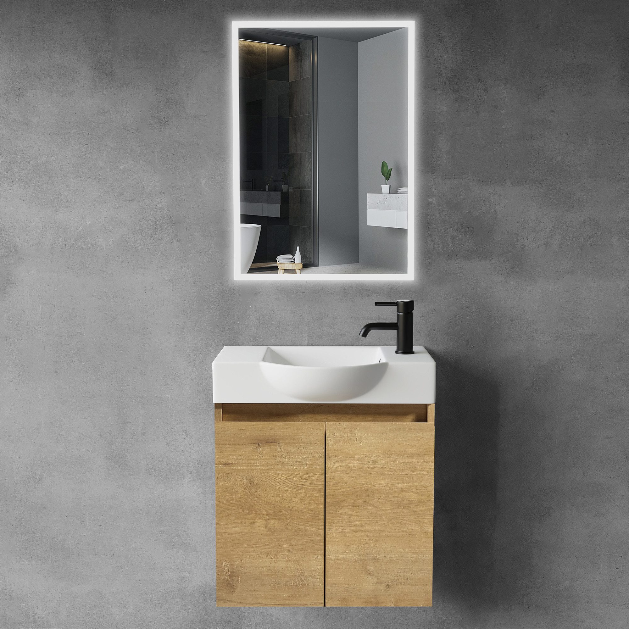 Alpenberger Badmöbel-Set Waschbecken mit Unterschrank und Spiegel Gäste WC Waschtisch Set 55 cm, (Waschtisch mit Unterschrank Hängend, Gäste WC Möbel mit Spiegel), Badmöbel Set, Waschbeckenunterschrank - Eiche Natur
