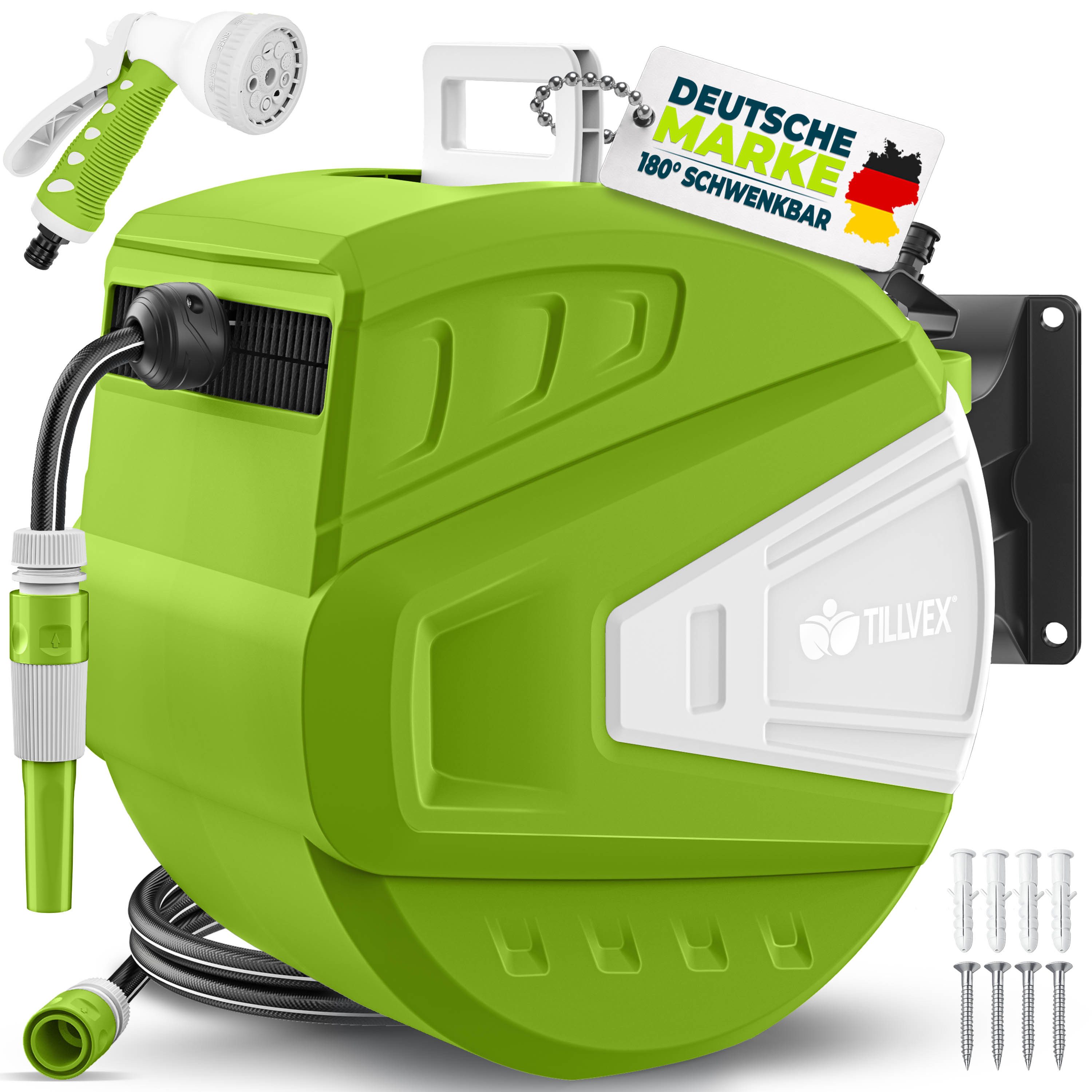 tillvex Schlauchtrommel Wasser mit Wandhalterung + Tragegriff, (Schlauchaufroller mit Handbrause und Gartenschlauch), 180° Schwenkbar Wand-Schlauchbox mit Aufroll-Automatik