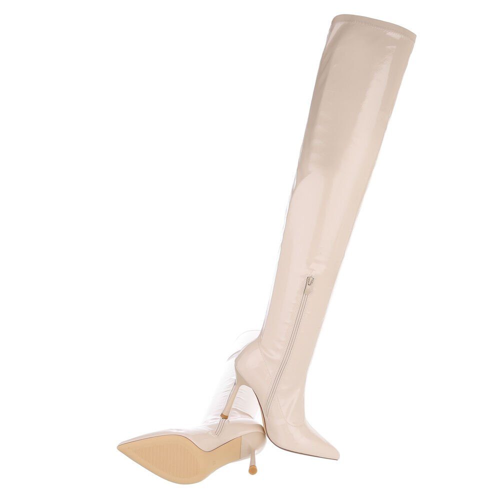 Ital-Design Damen Abendschuhe Party & Clubwear Overkneestiefel (85081032) Pfennig-/Stilettoabsatz High-Heel Stiefel in Beige