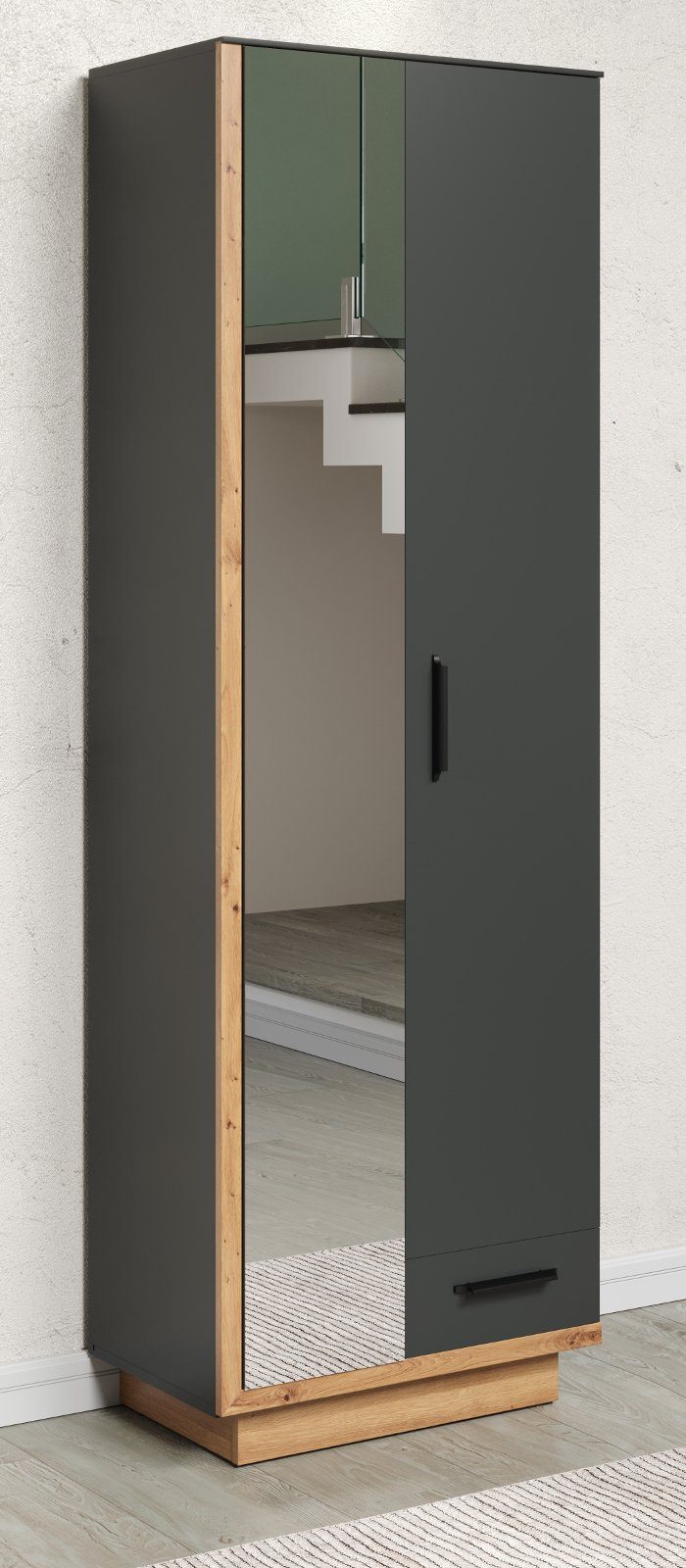 in x 198 mit mit und Soft-Close-Funktion 65 Garderobenschrank Eiche, grau Synnax cm) (Garderobe Spiegel Furn.Design