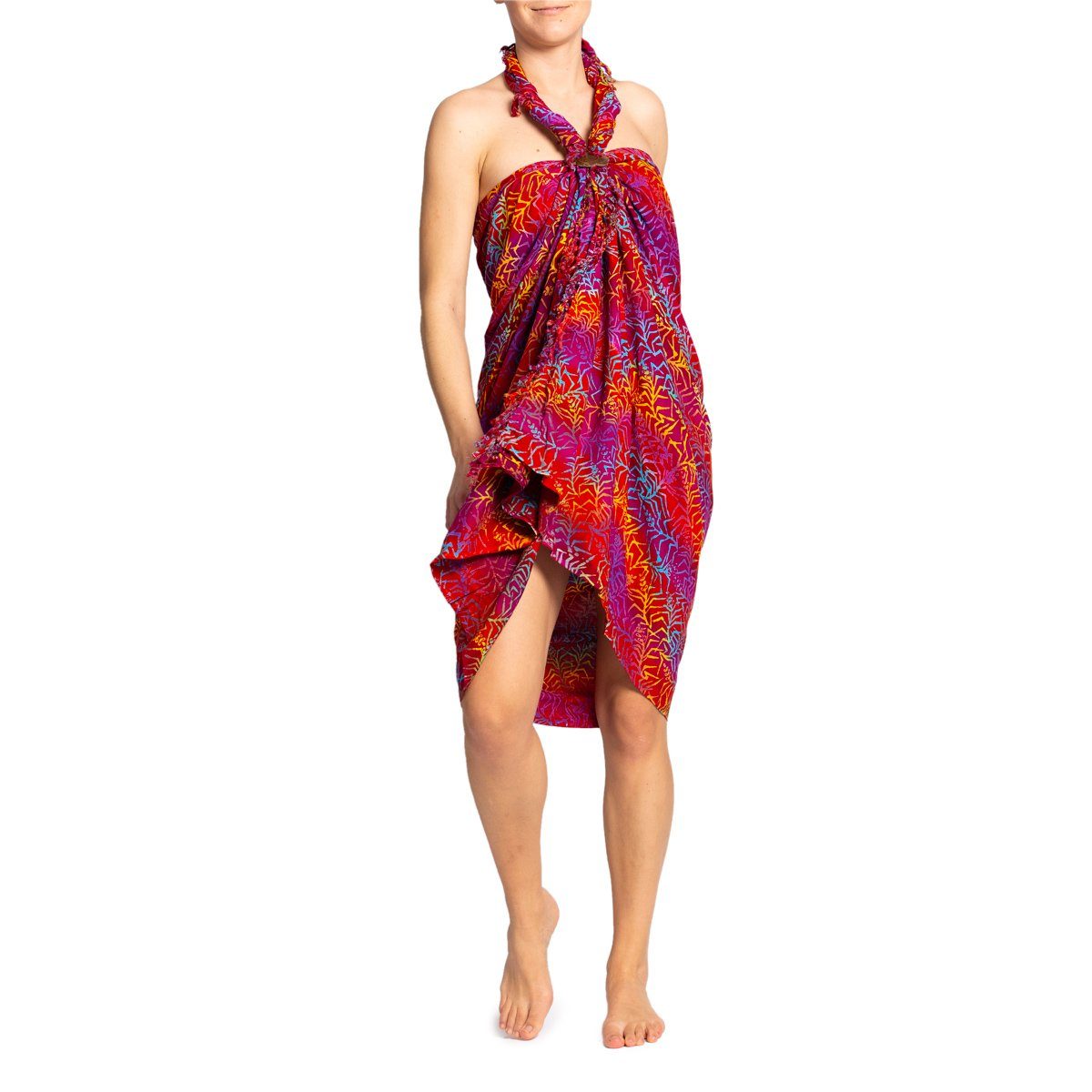 PANASIAM Pareo Sarong Wachsbatik Rottöne aus hochwertiger Viskose Strandtuch, Strandkleid Bikini Cover-up Tuch für den Strand Schultertuch Halstuch B502 redtone
