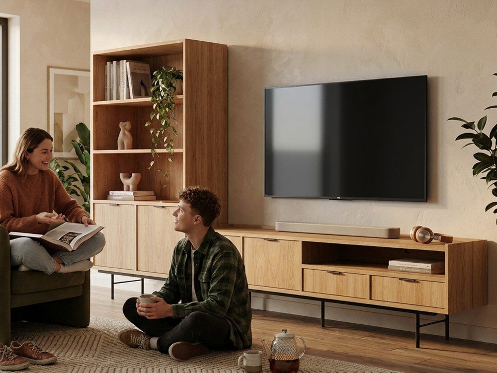 Beautysofa Wohnzimmer-Set Evron 2-teilig Bücherregal 90 cm + TV-Board 200 cm, (Lowboard mit Metallbeinen 20 cm, Schubladen, Türen und offenen Fächern), modernes – Bild 3 von 5