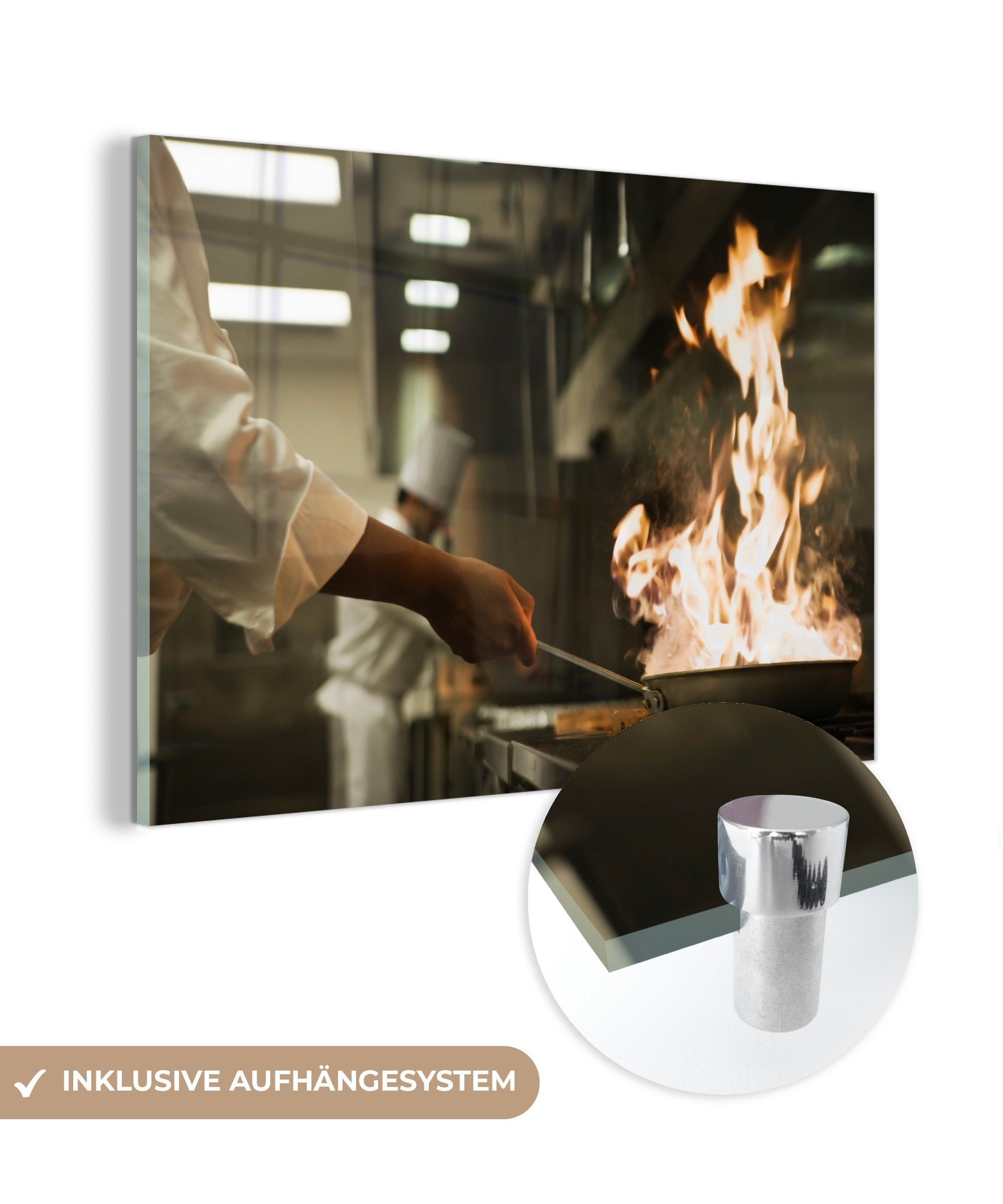 MuchoWow Acrylglasbild Koch hält brennende Pfanne, (1 St), Acrylglasbilder Wohnzimmer & Schlafzimmer