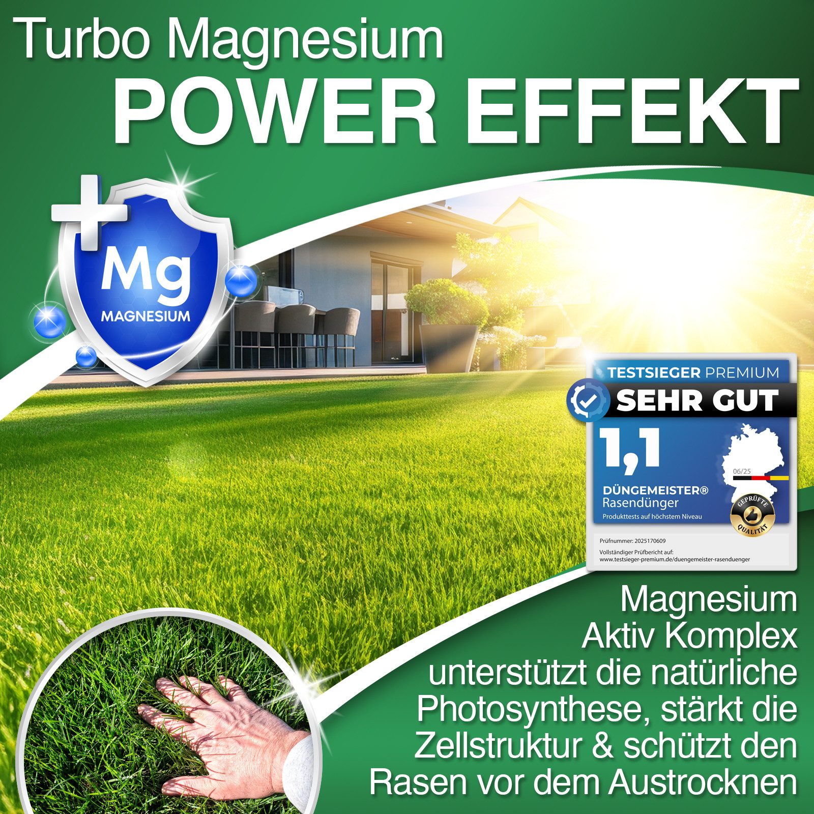 DÜNGEMEISTER Rasendünger Frühjahr/Sommer für sofort saftiges Grün, mit revolutionärer KI Formel - Langzeit NPK/Organisch