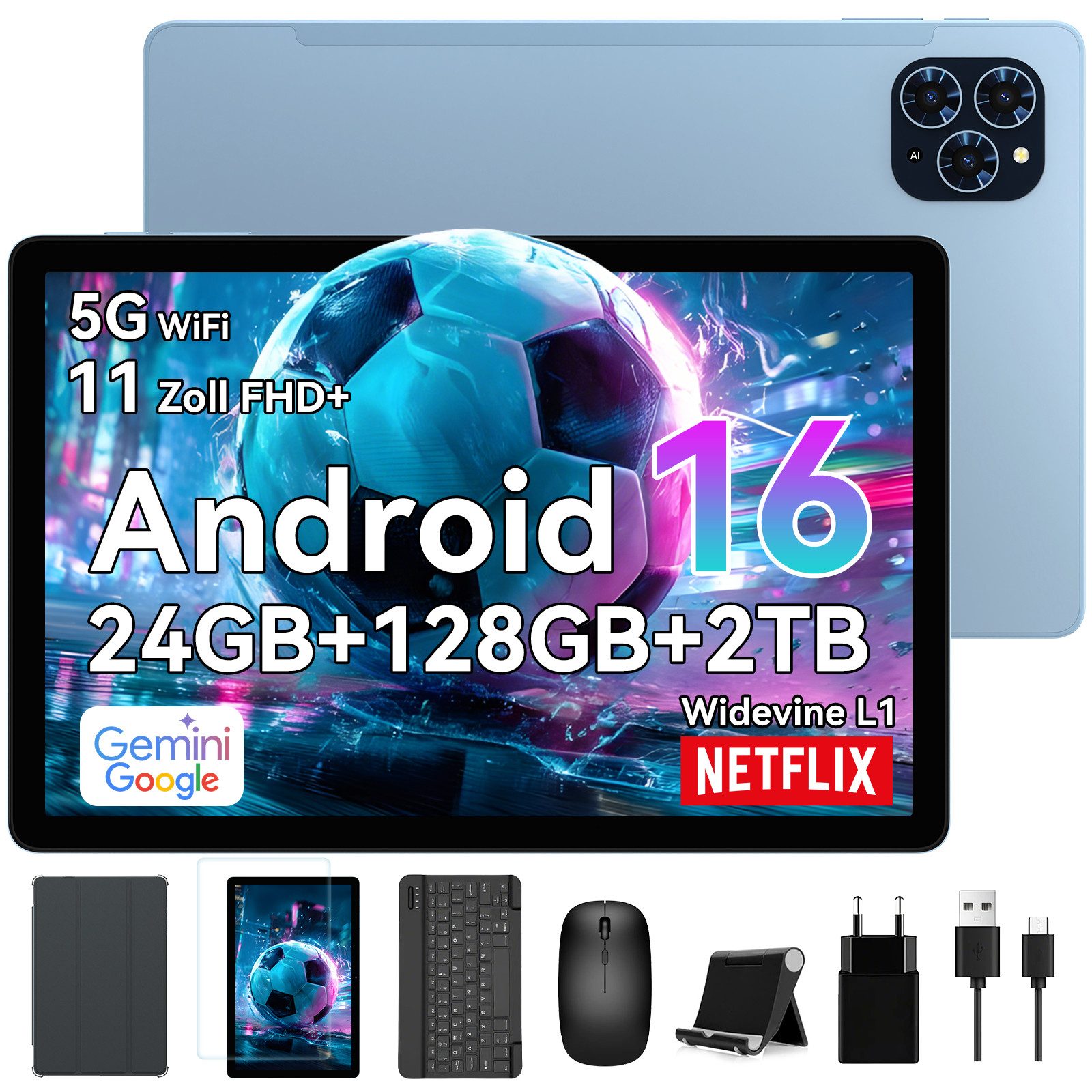 TABWEE T90 11" FHD Android 16 WiFi incl. Tastatur/Maus/Hülle 8000 mAh Tablet (11", 128 GB, Android16, Android 16, FHD Display, Widevine L1, Gemini AI, mit Zubehör)