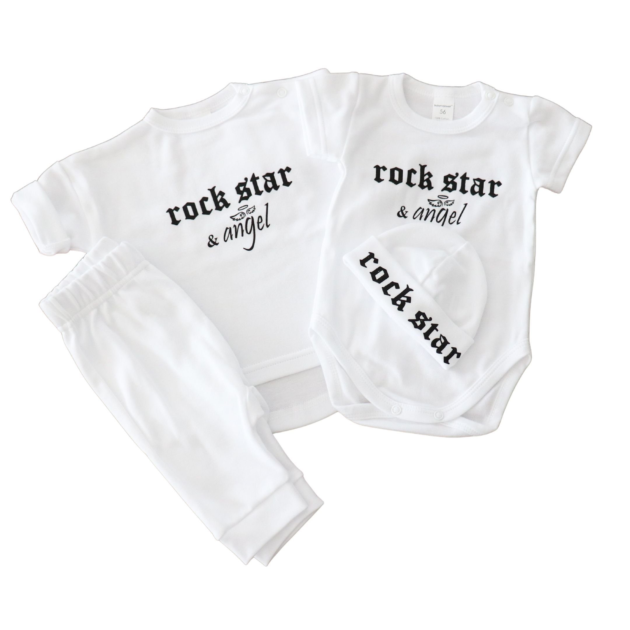 Rocker Body, zur Mütze, Geschenk Bekleidungs (4 4-tlg., DE Star, Shirt, Set Neugeborenen-Geschenkset Mini Teile: Made schwarz Set) Geburt, - Fotoshooting, Rock für in Erstausstattung weiss Hose, Babymajawelt