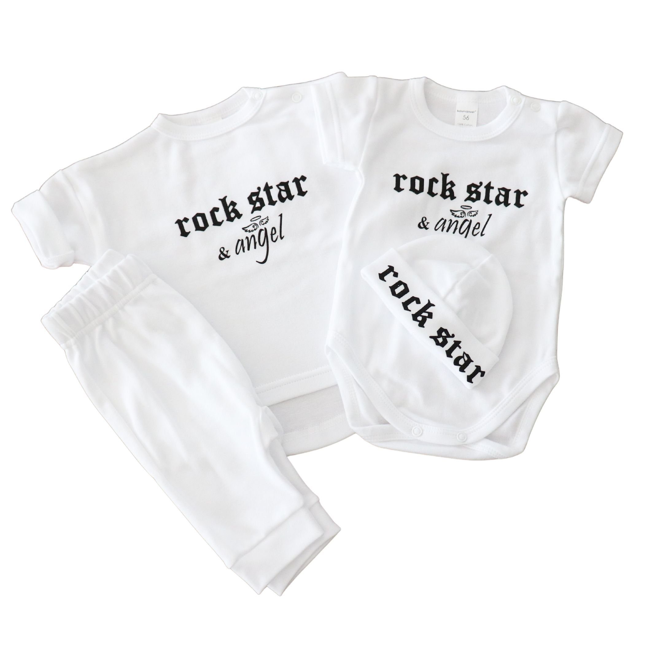 Babymajawelt Neugeborenen-Geschenkset Baby Bekleidungsset Rock Star Schwarz Weiß (4 Teile: Body, Shirt, Mütze, Hose, 4-tlg., Set) Geschenk zur Geburt, Fotoshooting, Made in DE