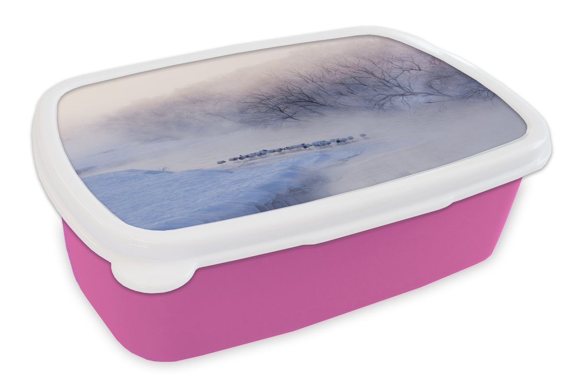 Winter Brotdose - Kinder, Snackbox, Fluss Eis, Nebel Vogel MuchoWow Erwachsene, rosa - (2-tlg), Lunchbox - für Mädchen, Kunststoff, Brotbox Kunststoff -