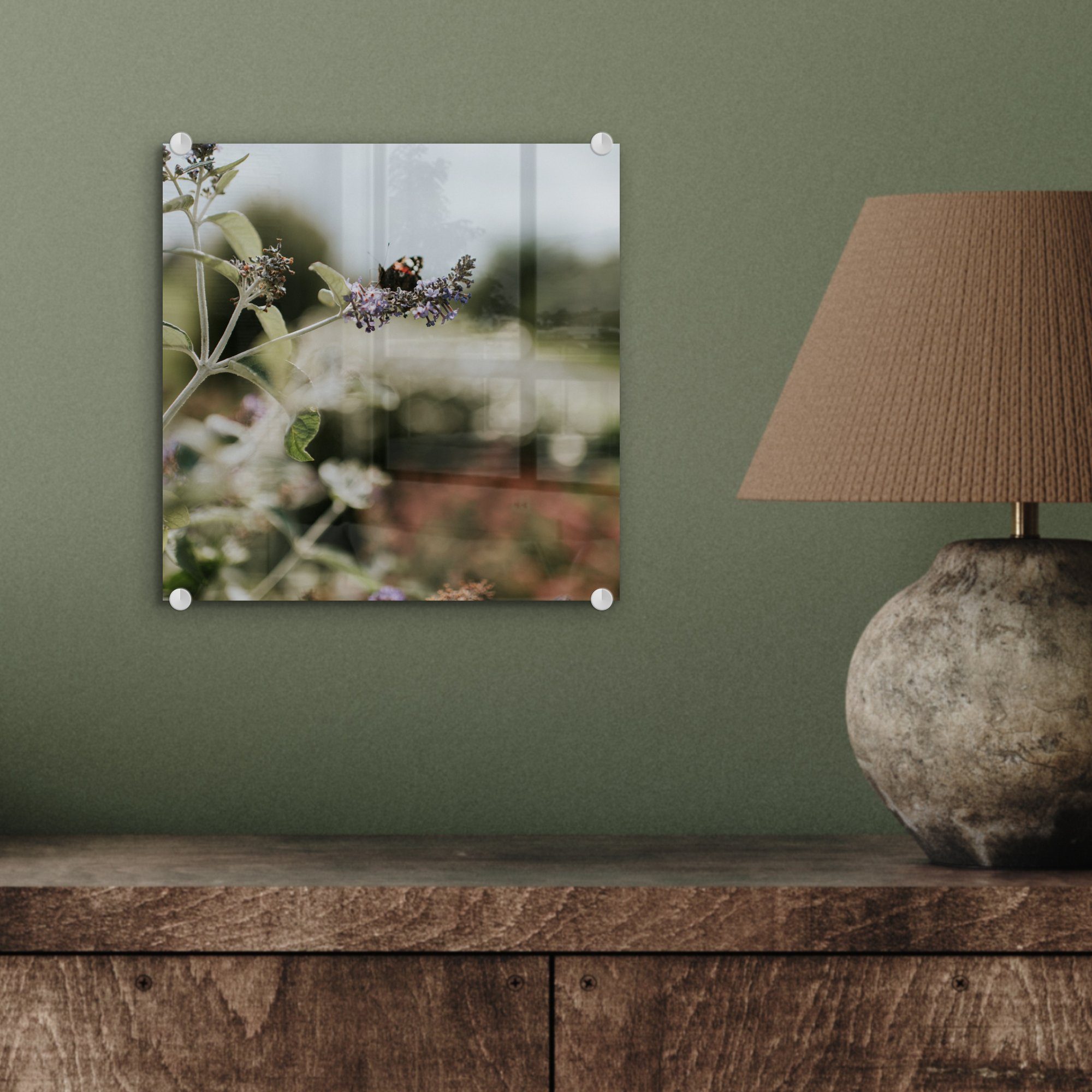 auf - St), Bilder auf - Foto Glasbilder Tagpfauenauge Wandbild Schmetterling (1 - Lavendel, auf Wanddekoration Acrylglasbild MuchoWow Glas Glas