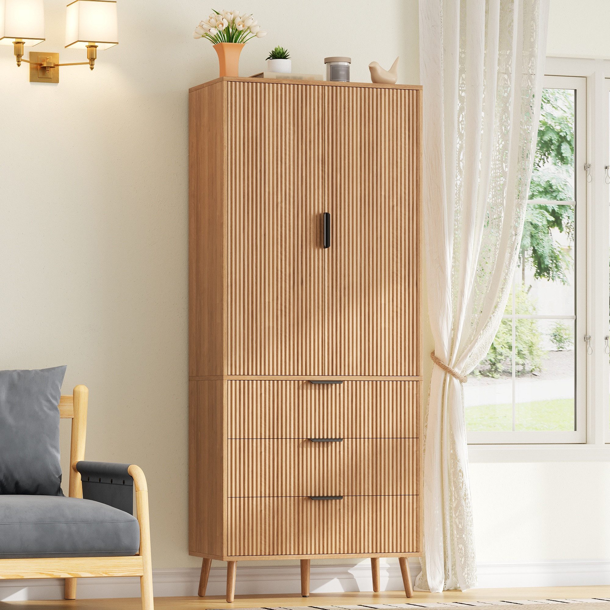 Flieks Hochschrank Vorratsschrank mit 3 Schubladen, Türablagen, verstellbar Einlegeböden (Massivholzbeine, 75x35x180 cm, 1-St., für Küche, Wohnzimmer, Esszimmer, Schlafzimmer, Badezimmer) Küchenschrank Mehrzweckschrank Liniendesign Highboard Natur