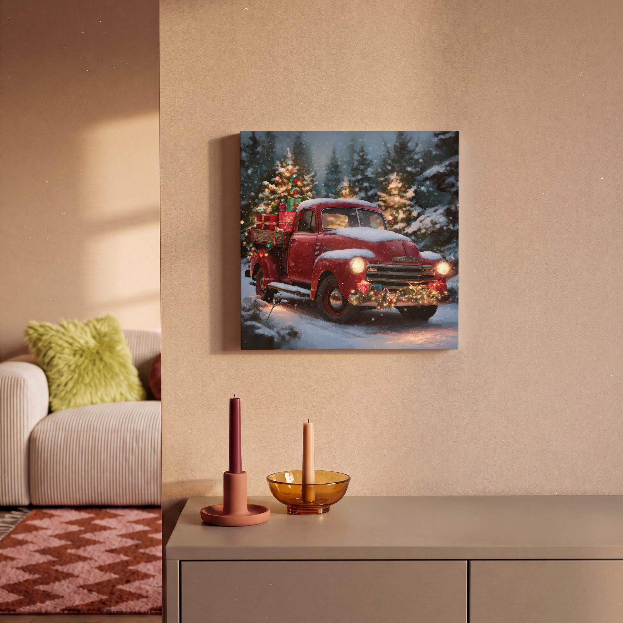 OneMillionCanvasses® Leinwandbild Weihnachts-LKW - Schneewald - Rot, Fotodruck (1 St), Leinwand Canvas Wandbild, Wanddekoration 20x30 cm – Bild 2 von 5