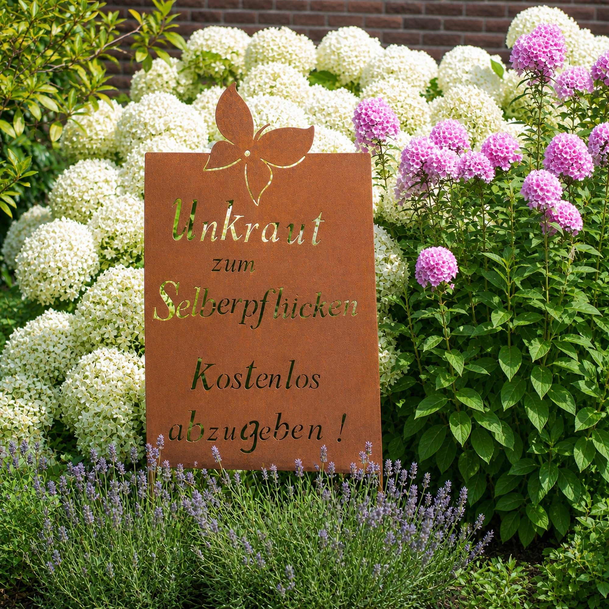 UNUS GARDEN Gartenstecker Roststecker Schild Spruch Unkraut (1-St., 66 x 43,5 cm (HxB) inkl. Streben ca. 99 cm lang) Unkraut zum Selberpflücken kostenlos abzugeben