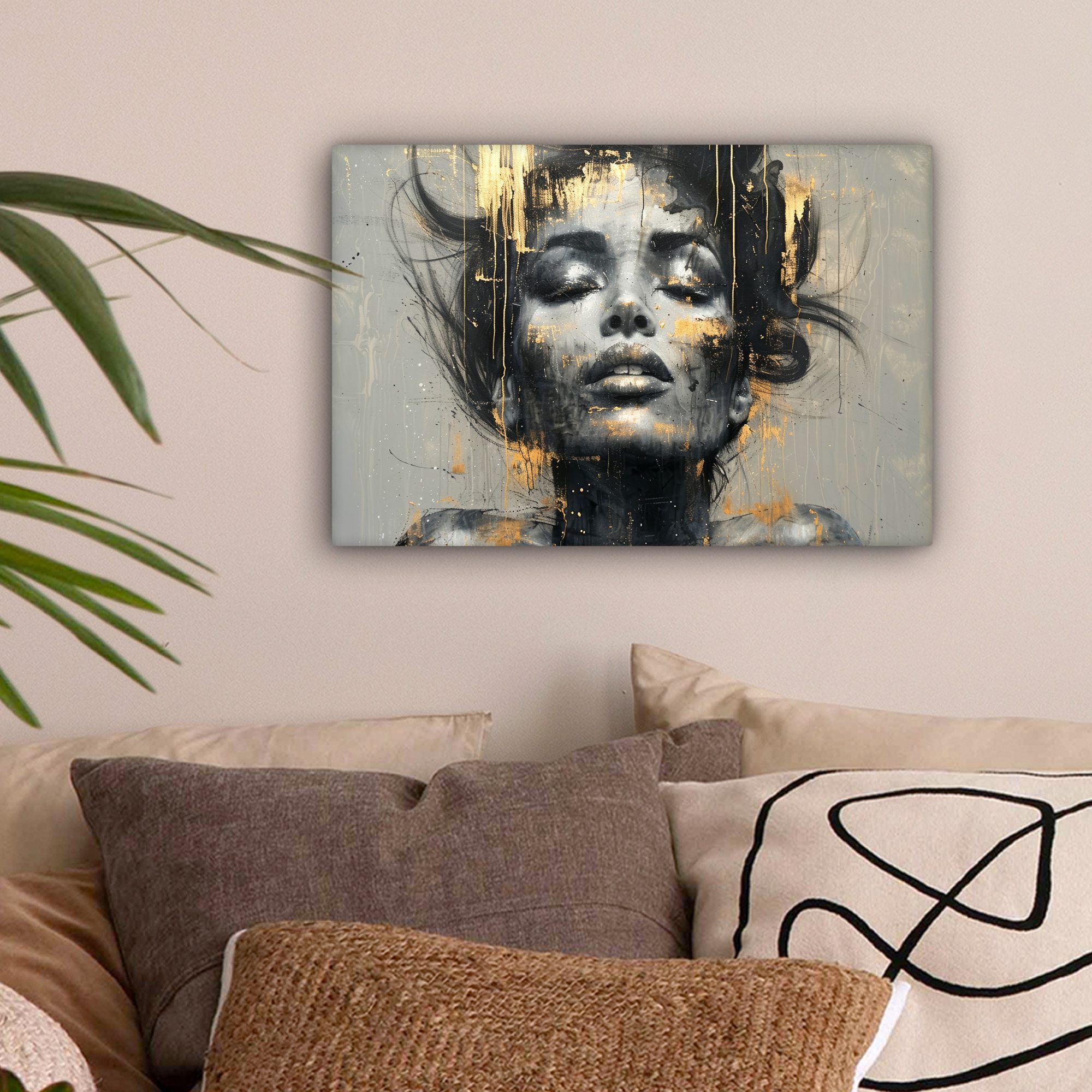OneMillionCanvasses® Leinwandbild Frau - Kunst - Gold - Abstrakt - Glamour, Fotodruck (1 St), Leinwand Bilder Klein, Wand Dekoration Aesthetic 30x20 cm