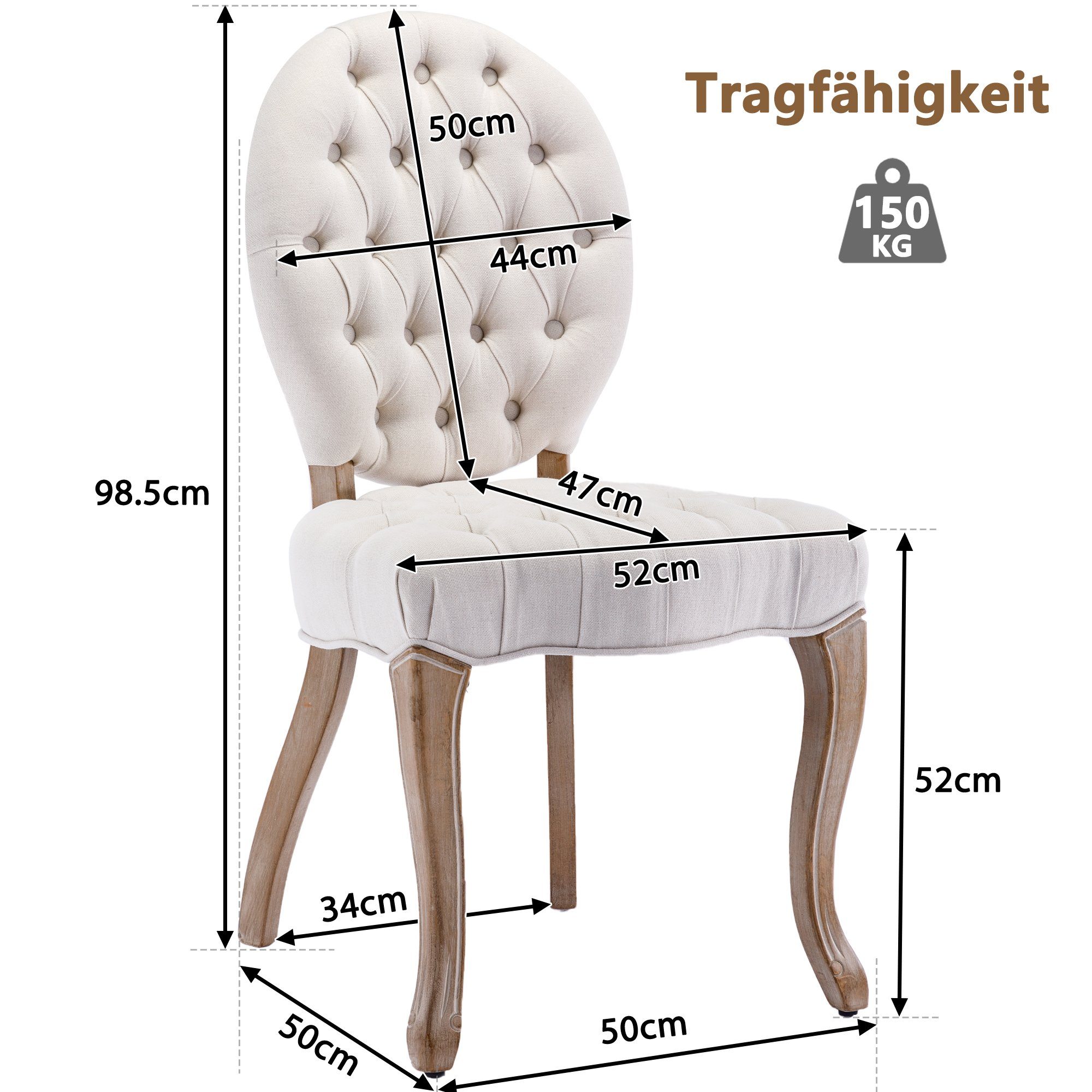 Leinen, creme aus 2er-Set, getufteten Vintage-Küchenstühle Beine Esszimmerstuhl Massivholz, mit Knöpfen, WISHDOR