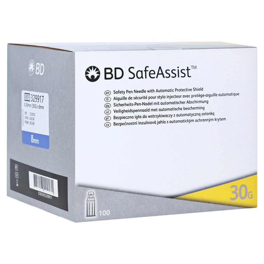 Becton Dickinson Lanzetten BD SafeAssist Sicherheits-Pen-Nadel 0,30x8mm, 30,00G, 100 St., Spar-Set, Automatischer Sicherheitsmechanismus, Roter Markierungsring, 100 tlg., Universelle Passform für gängige Pens
