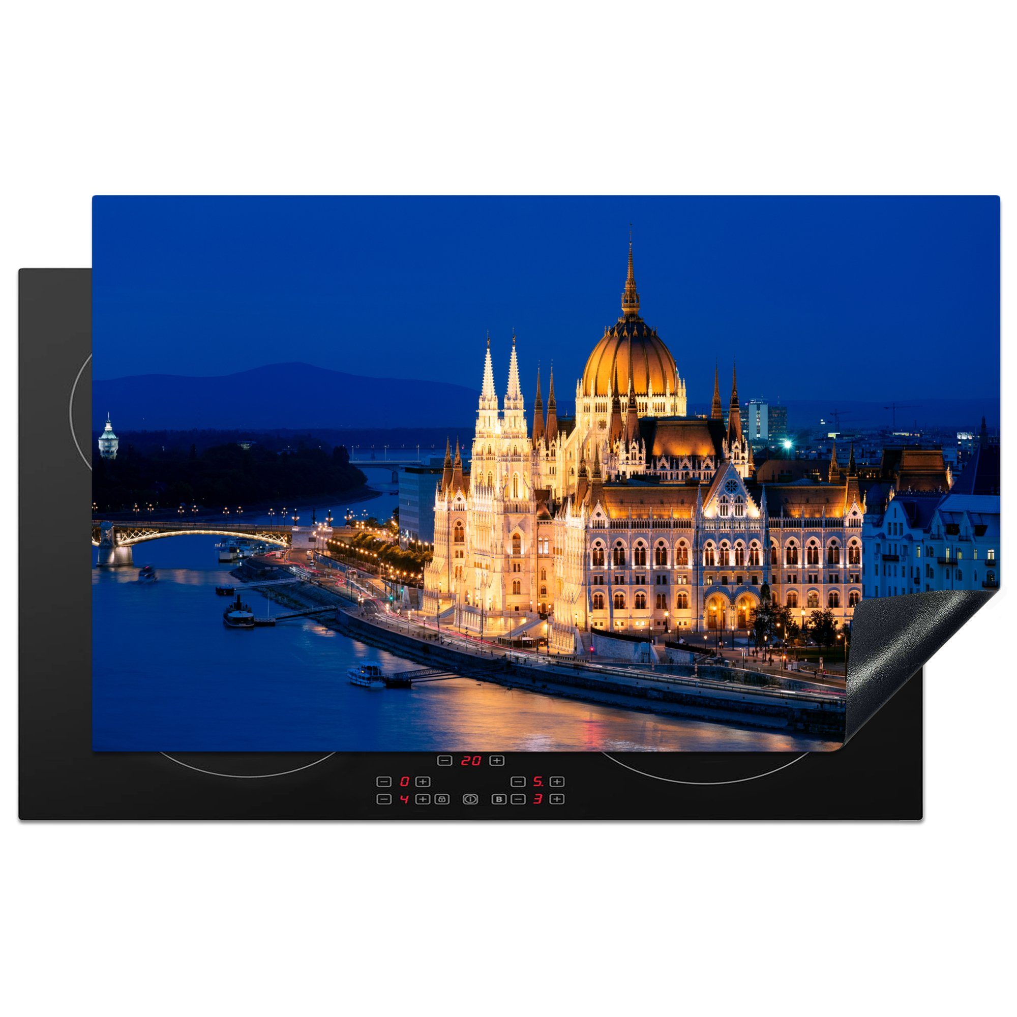 MuchoWow Herdblende-/Abdeckplatte Das ikonische ungarische Parlamentsgebäude mit violettem Himmel, Vinyl, (1 tlg), 83x51 cm, Ceranfeldabdeckung, Arbeitsplatte für küche