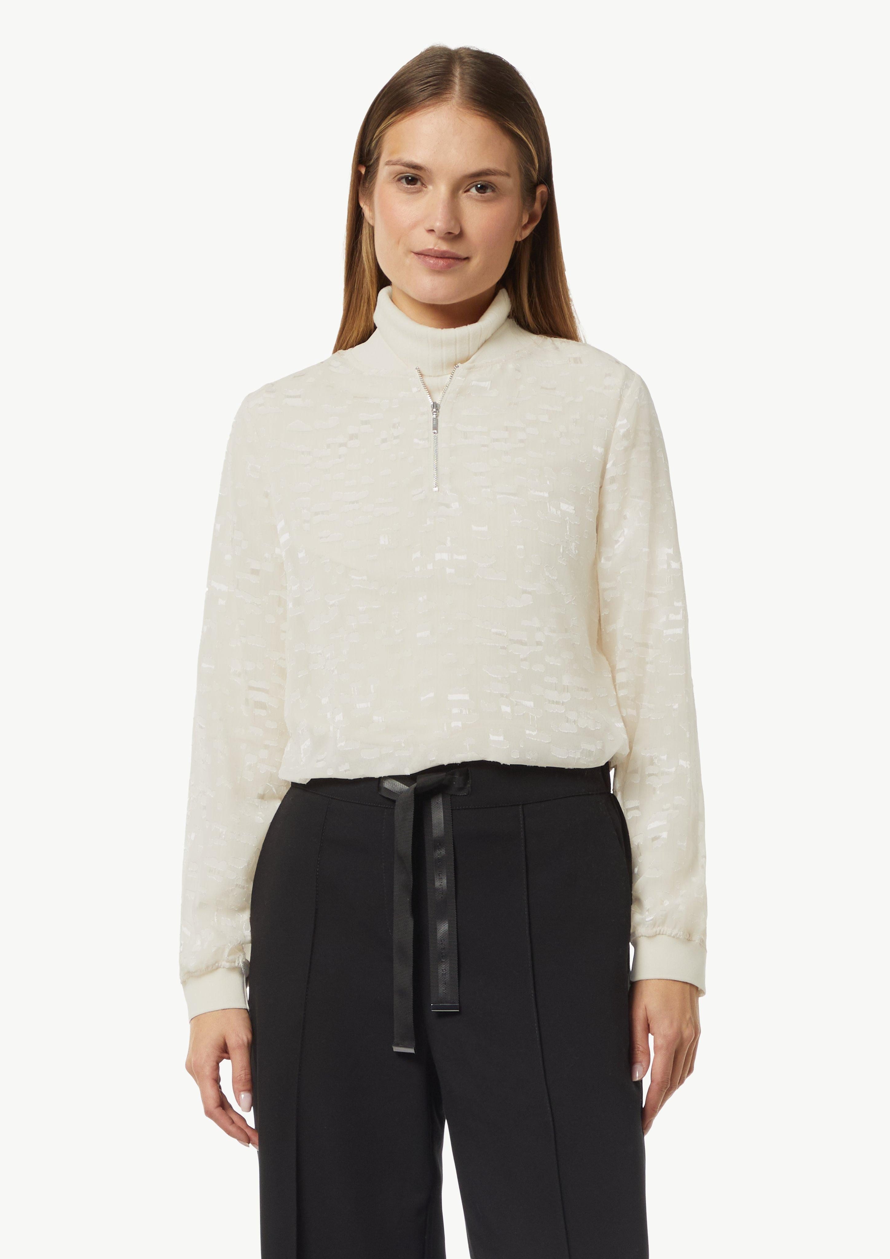 Langarmbluse Transparente Jacquard-Bluse mit Zip-Ausschnitt