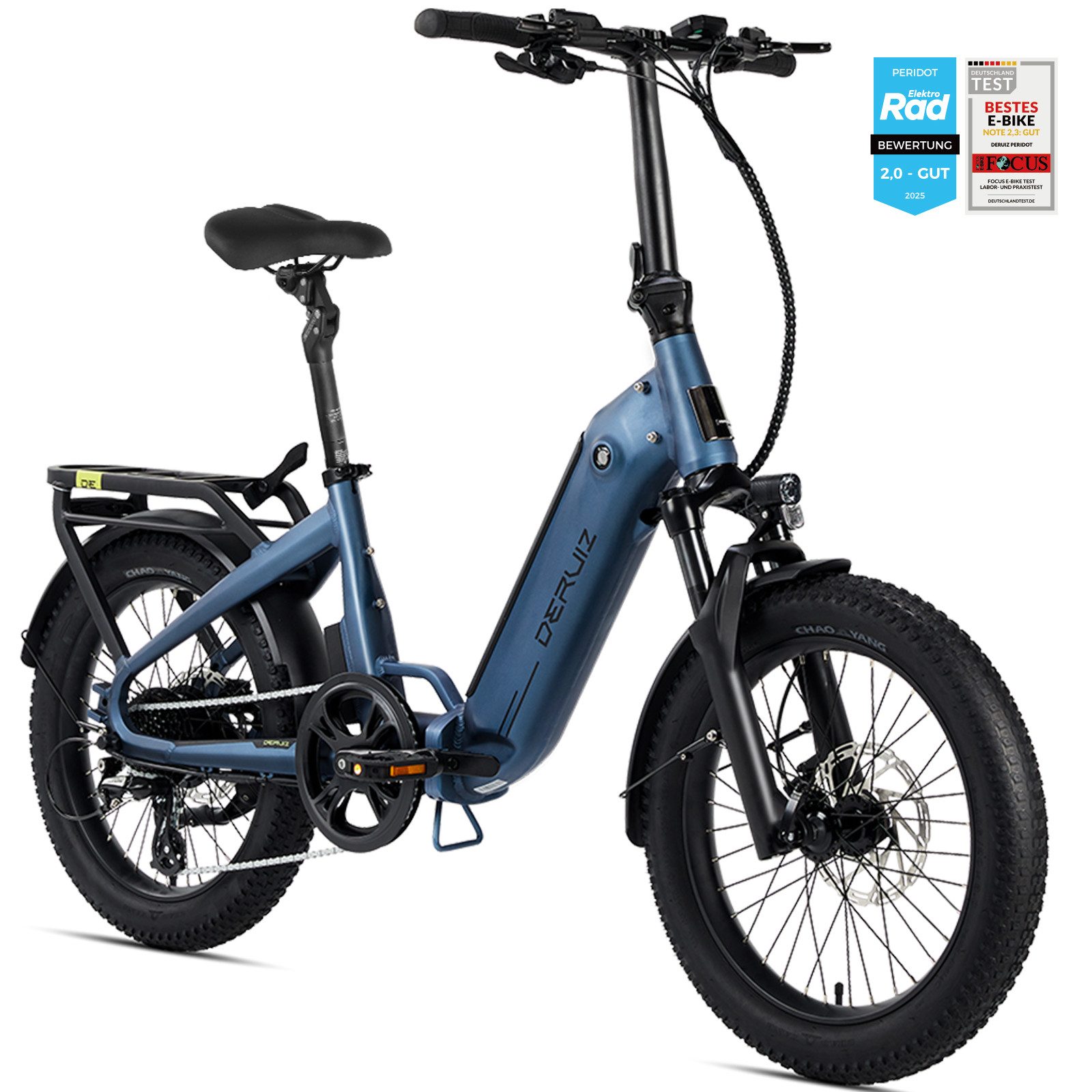 DERUIZ E-Bike Klapprad 20x3,0 Zoll, max. 140km, Federsattelstütze, mit Bluetooth, 5 Stufen, 8 Gang SHIMANO SHIMANO ALTUS 11-32T Schaltwerk, Kettenschaltung, Heckmotor, 500 Wh, (mit Akku-Ladegerät, mit Werkzeug), RH:36cm, Bremslicht, Gepäckträger (max.50kg), hydraulische Bremsen