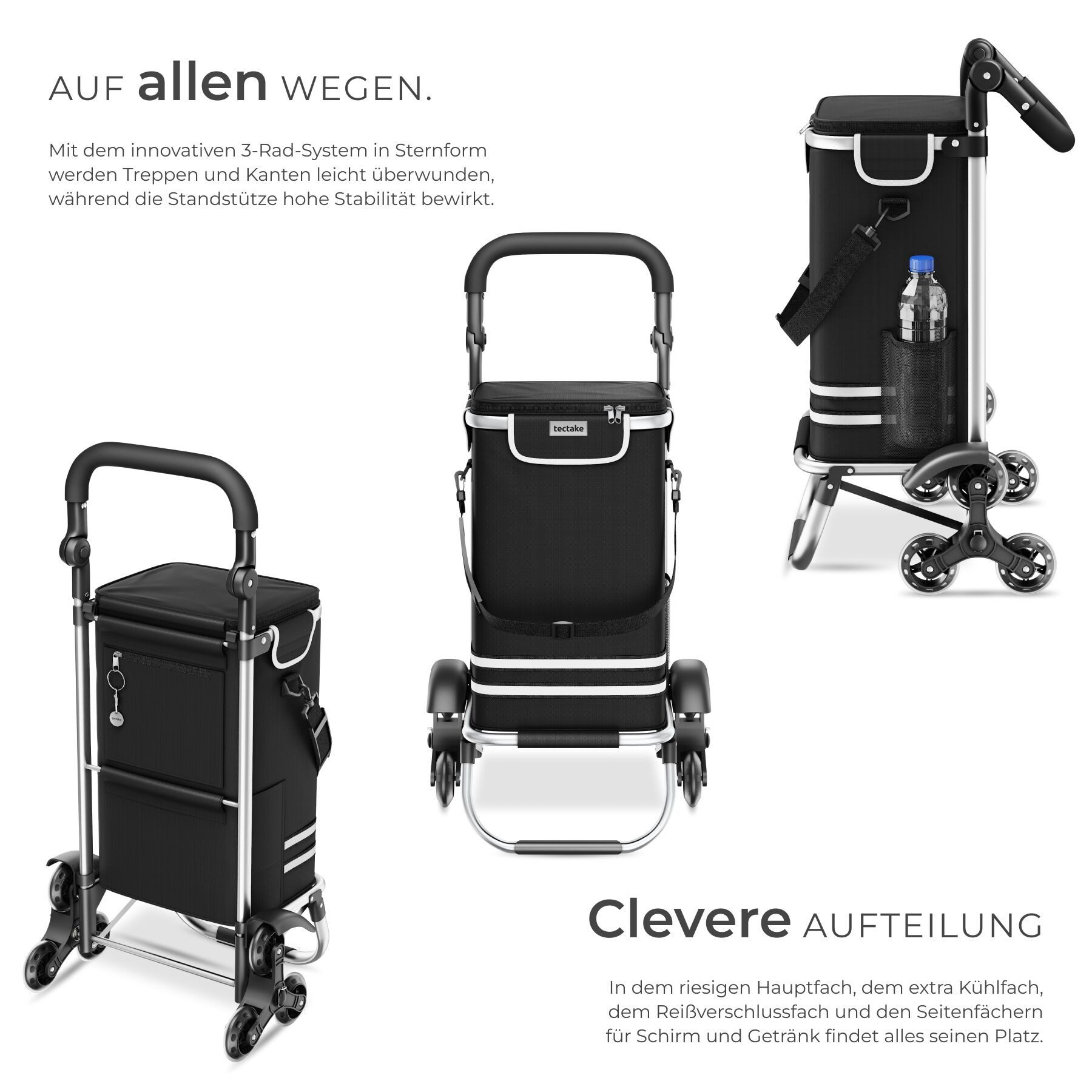 tectake Einkaufstrolley Einkaufstaschenwagen 3-in-1 Inkl. Kühltasche und, klappbares Aluminiumgestell mit abnehmbarem Bezug, verstellbar