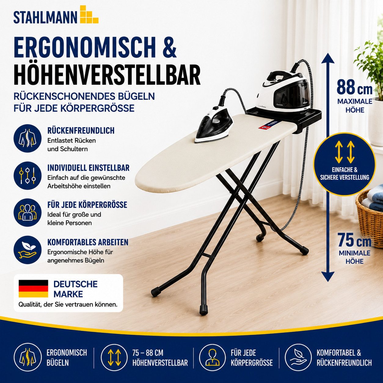 STAHLMANN COMMERCE GmbH Bügelbrett Granada [120 × 38 cm], TestCheck 1,1 SEHR GUT, Turbobezug, Bügelfläche 120x38 cm – Bild 4 von 5