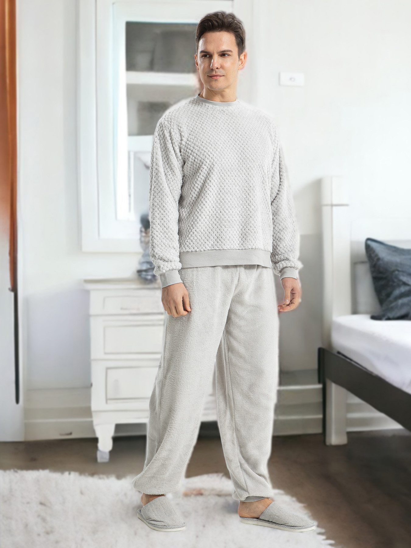 TIESTRA Pyjama Herren Pyjama Set Rundhalsausschnitt lang Schlafanzug Hausan günstig online kaufen