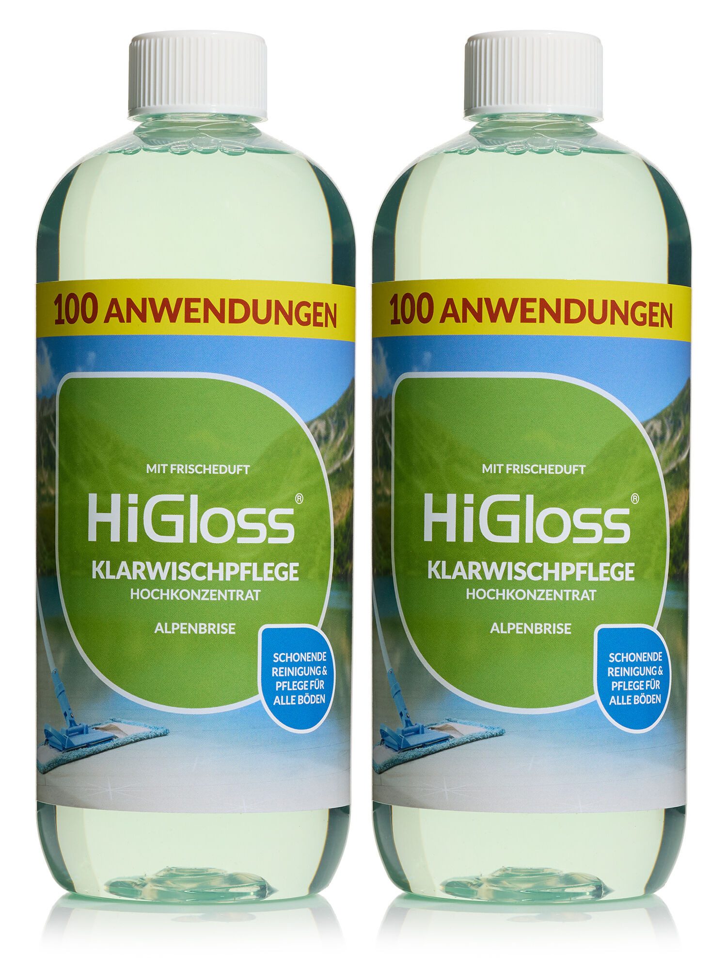 HiGloss Klarwischpflege Hochkonzentrat Bodenpflegemittel (2, 2 St., 2x 1000ml), schonend zu allen Böden, streifenfrei und Wischroboter geeignet