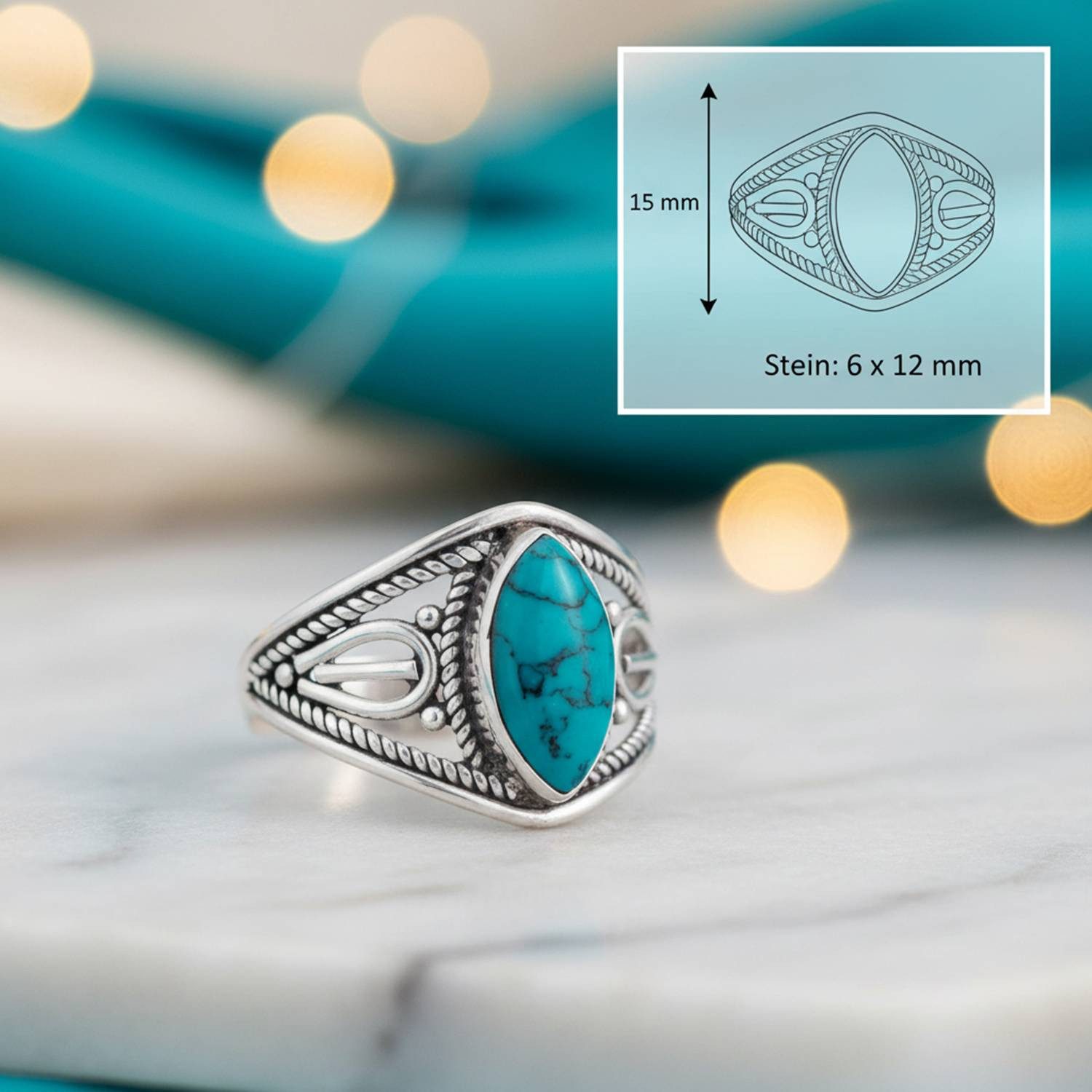 mantraroma Silberring DAHAB Ellipse aus 925 Silber mit Türkis (Ring mit Schmuckbeutel), Damenring aus 925er Silber