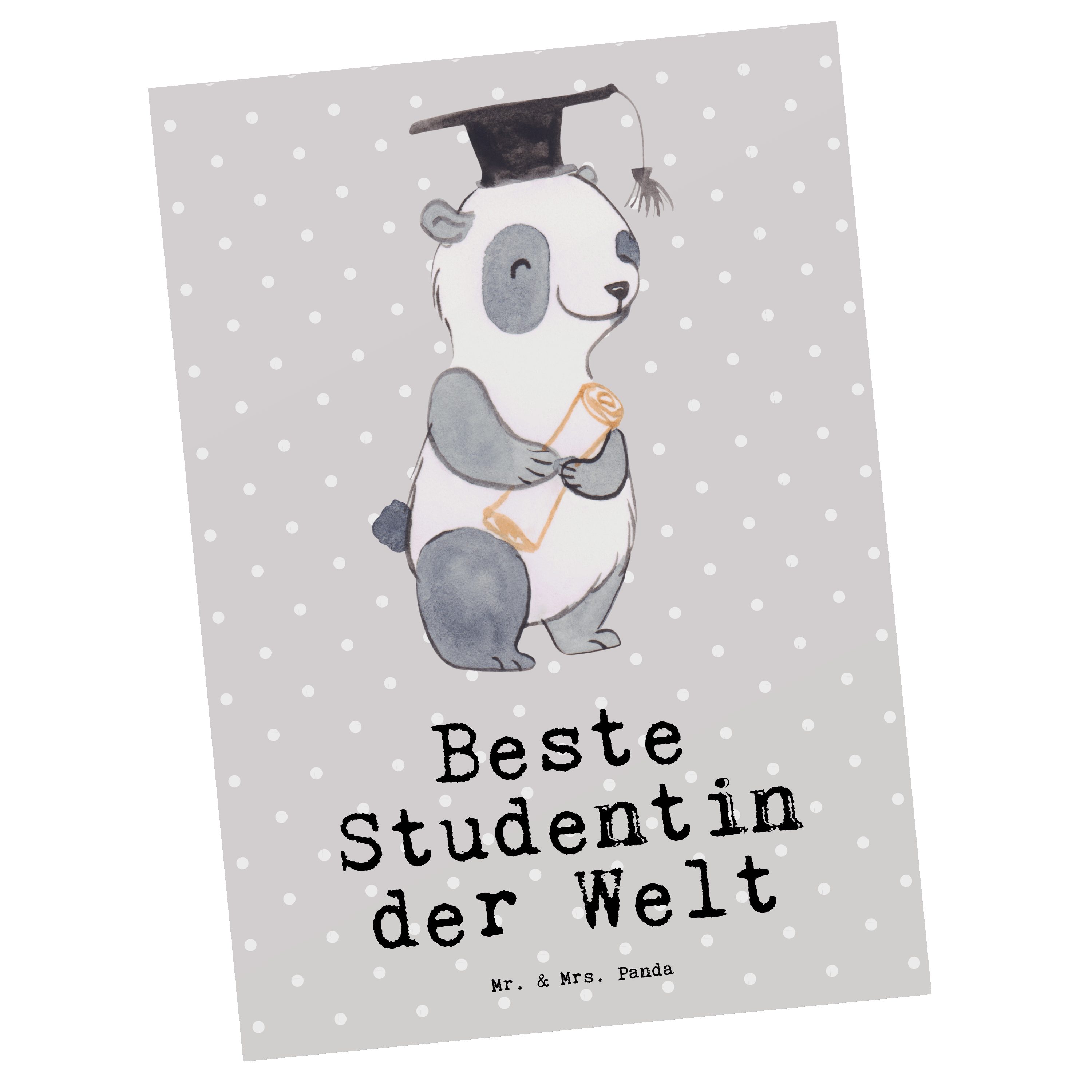Mr. & Mrs. Panda Postkarte Panda Beste Studentin der Welt - Grau Pastell - Geschenk, Karte, Einl