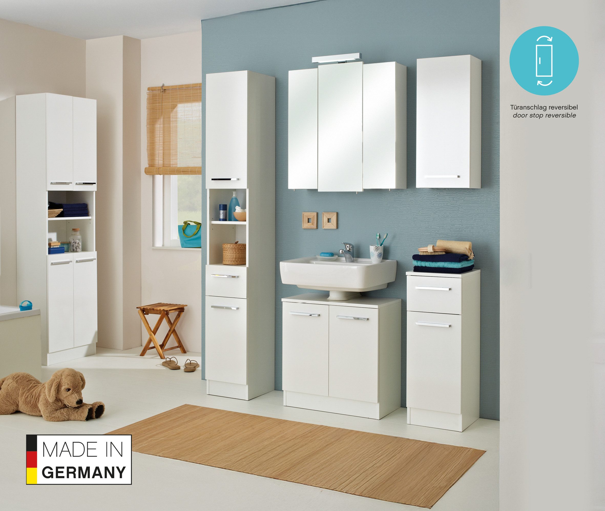 Saphir Hochschrank Quickset 335 Badschrank 30 cm breit, 2 Türen, 1 Nische, 3 Einlegeböden Badezimmer-Hochschrank, Weiß Glanz, Griffe in Chrom glänzend