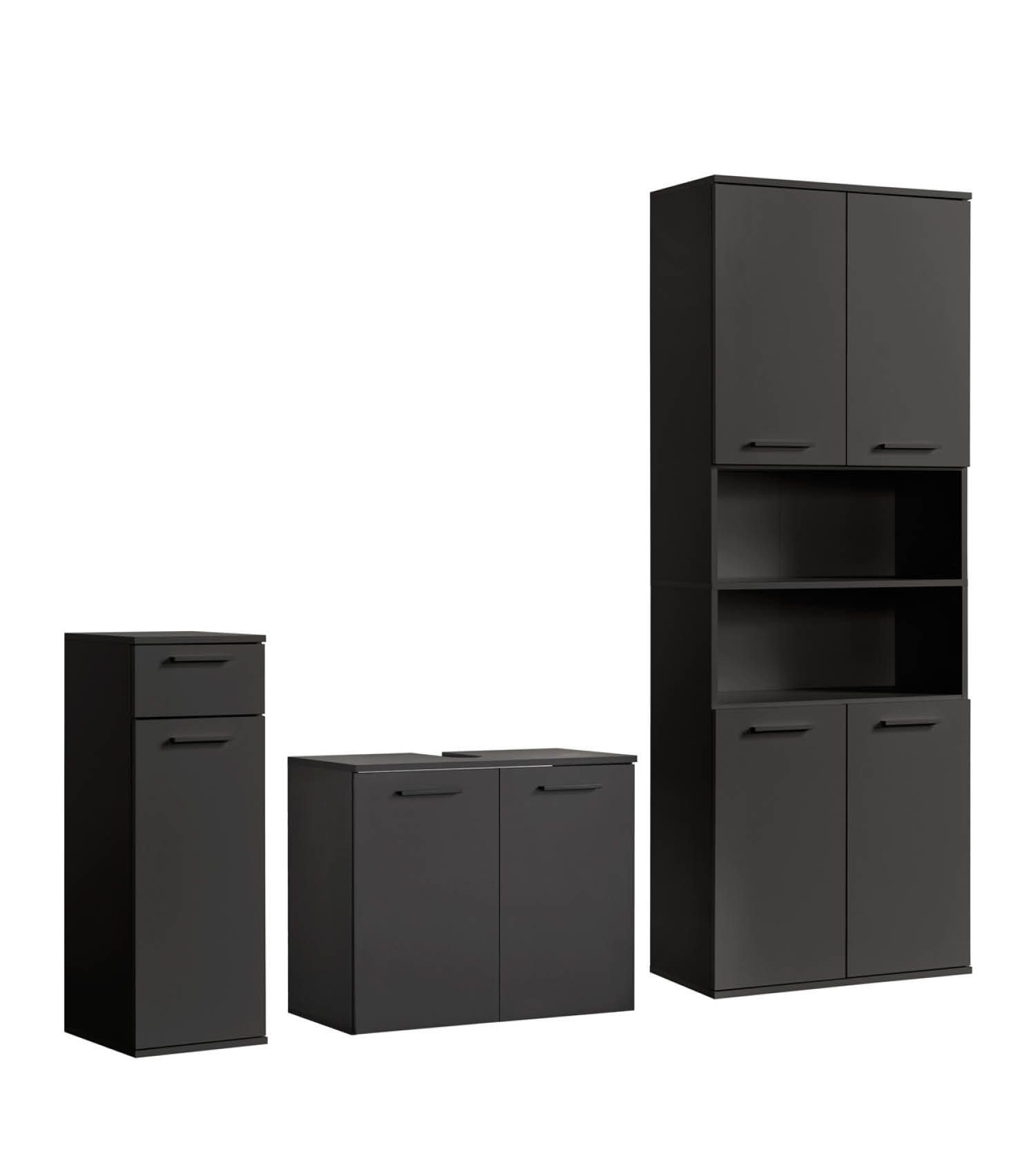 mokebo Badmöbel-Set Der Steuermann Waschbeckenunterschrank Badezimmerschrank Badschrank, (3-teilig), Made in Germany, Bad Set Hochsschrank breit Badezimmer Anthrazit Holz