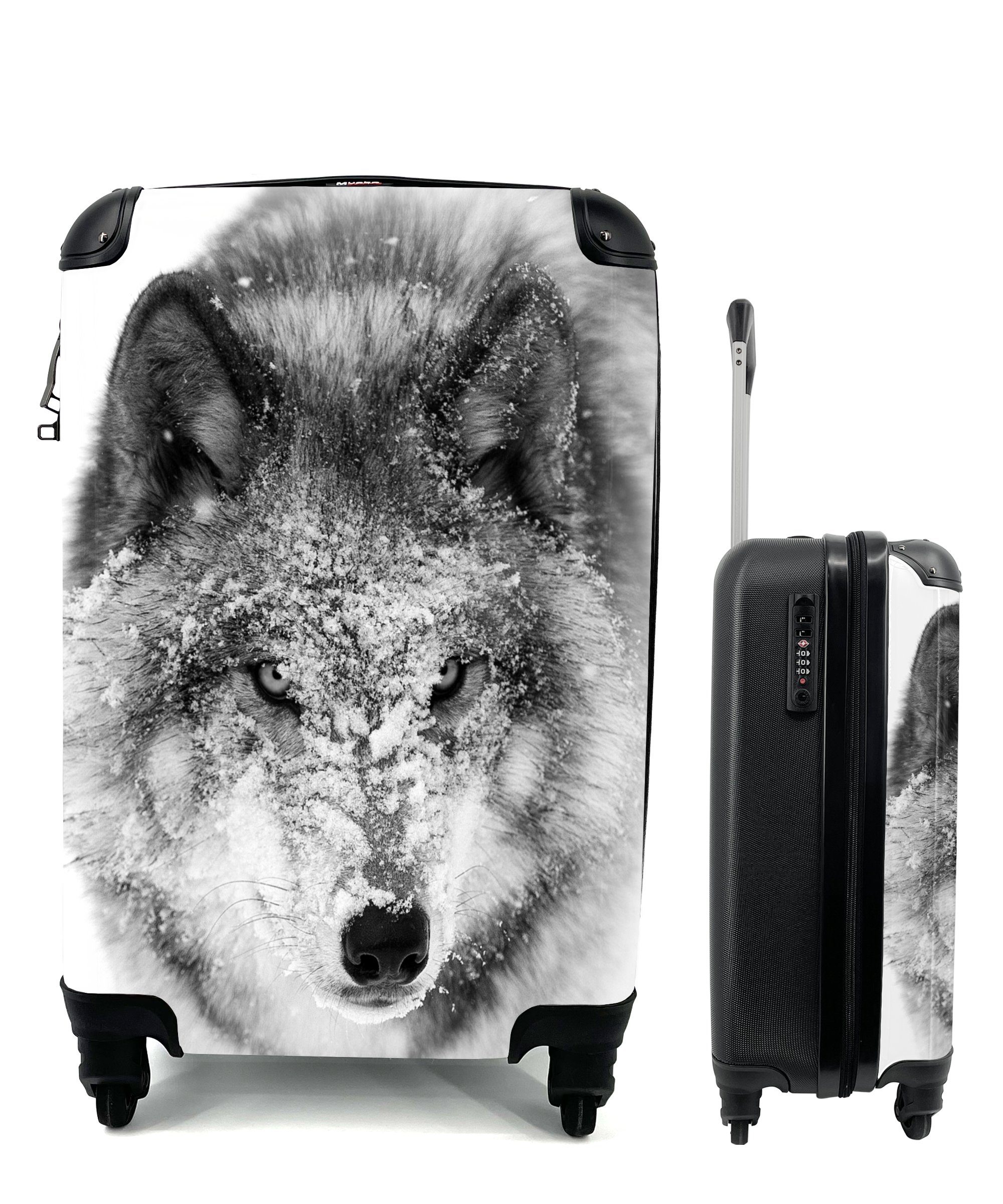 MuchoWow Handgepäckkoffer Wolf mit verschneitem Kopf in schwarz-weiß, 4 Rollen, Reisetasche mit rollen, Handgepäck für Ferien, Trolley, Reisekoffer