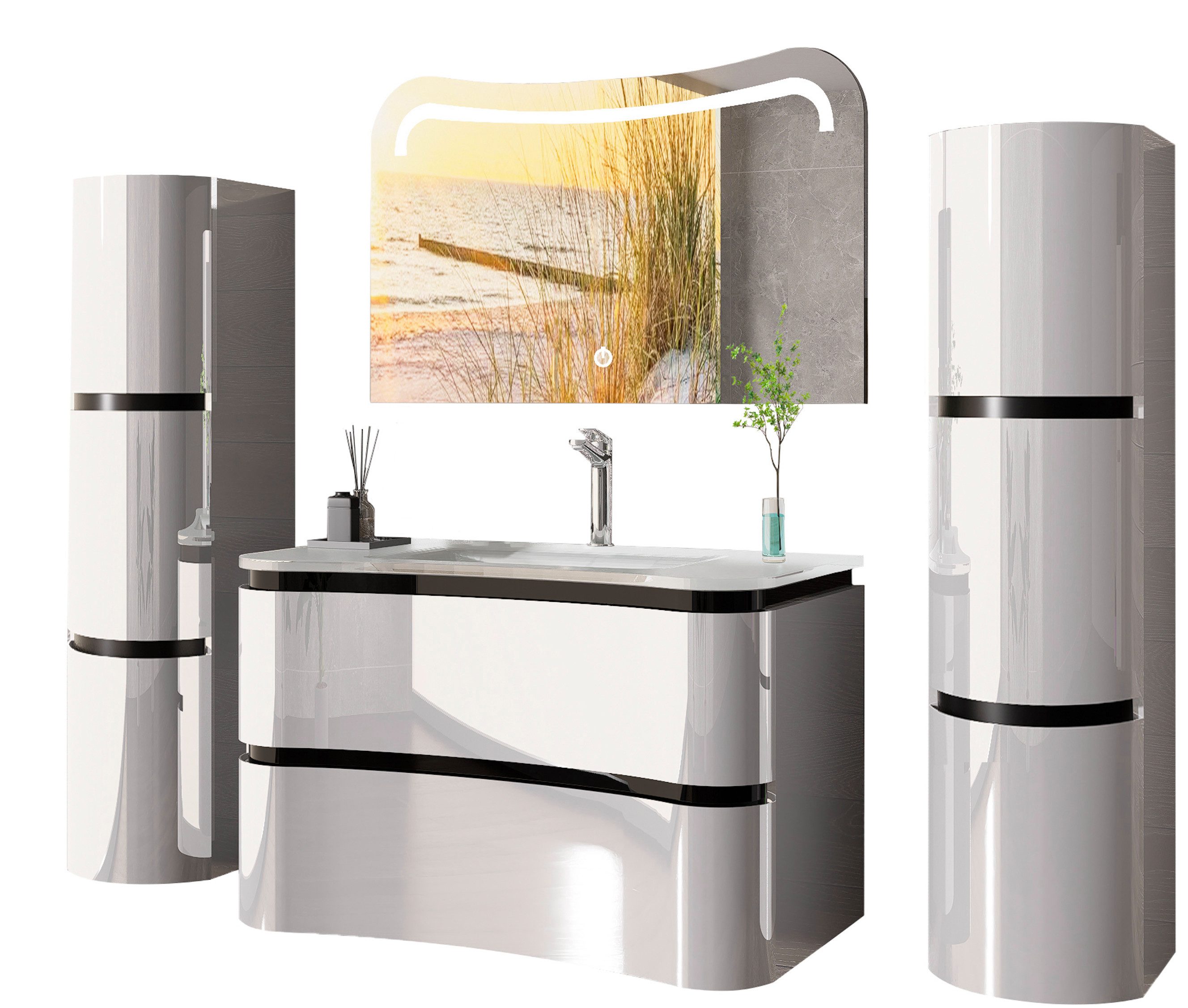 Homeline Badezimmer-Set Bad Möbelset Lady Schwarz oder Weiß Hochglanz 90 cm günstig online kaufen