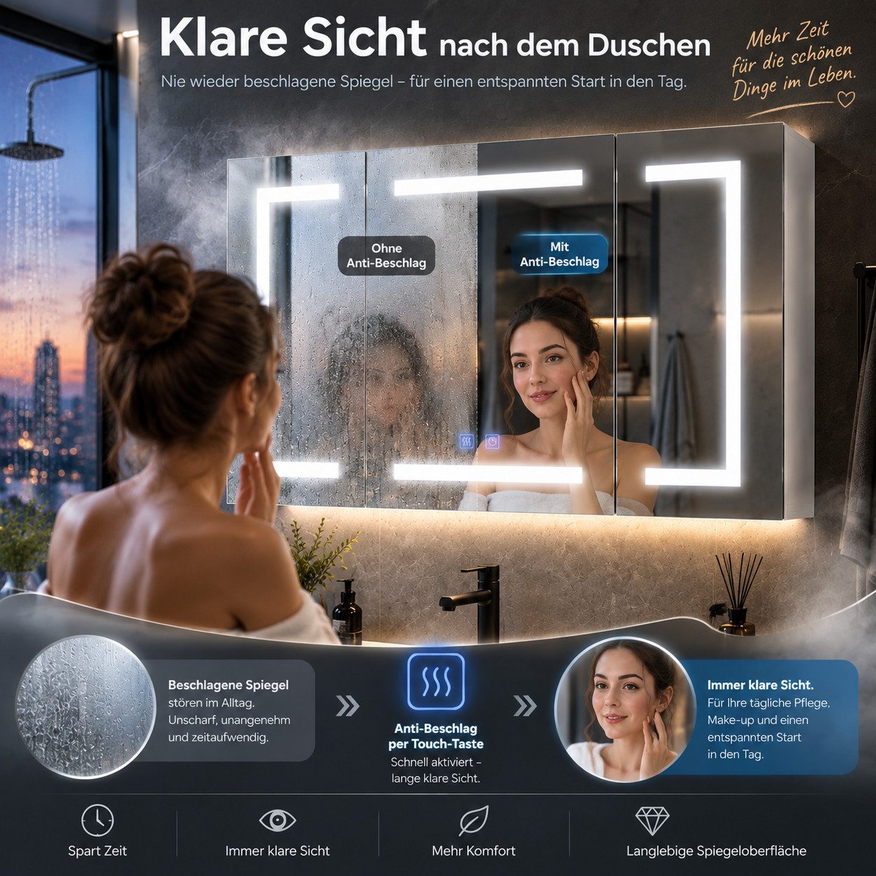 Simurq Badezimmerspiegelschrank 100 cm LED-Spiegelschrank mit 3 Türen, Anti-Beschlag Tuchentnahme im unteren rechten Bereich – Bild 5 von 5