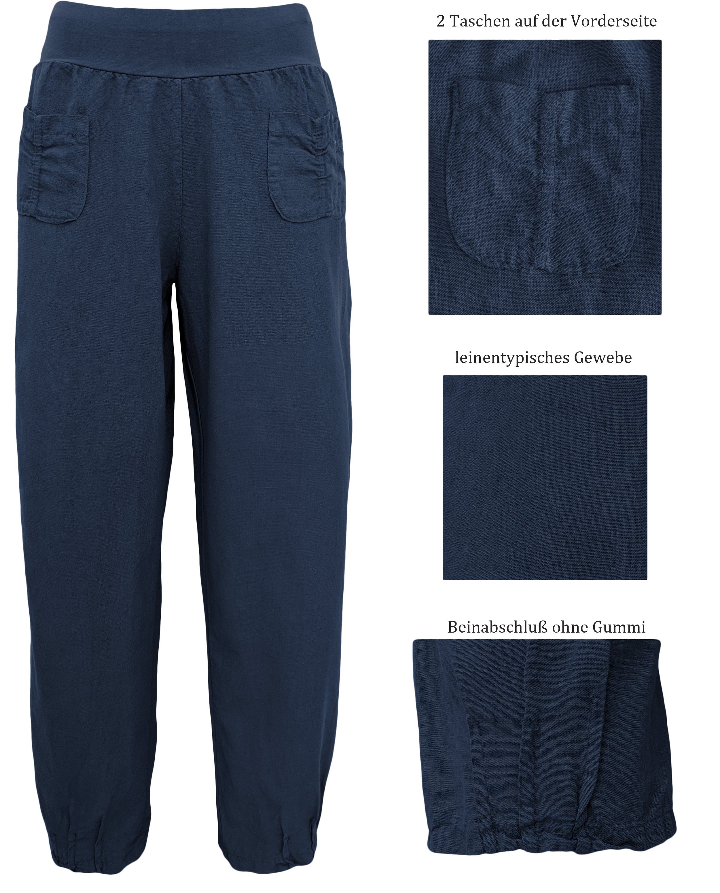 leichte breiter Leinen weitem Leinenhose Passform, mit Schlupfhose 100% und Pumphose Leinen, Damenmode Bein Sommerliche lässige Aurela (1-tlg) luftig bequemer weite Gummizug, Marine und