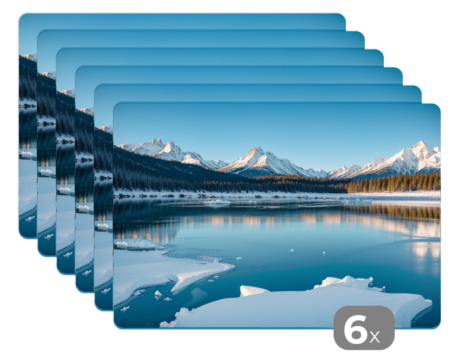 MuchoWow Platzset Landschaft - Winter - See - Berg - Aussicht - Eis, (6-St), Platzsets, Tischset, Abwaschbar, Tischsets, Platzdeckchen