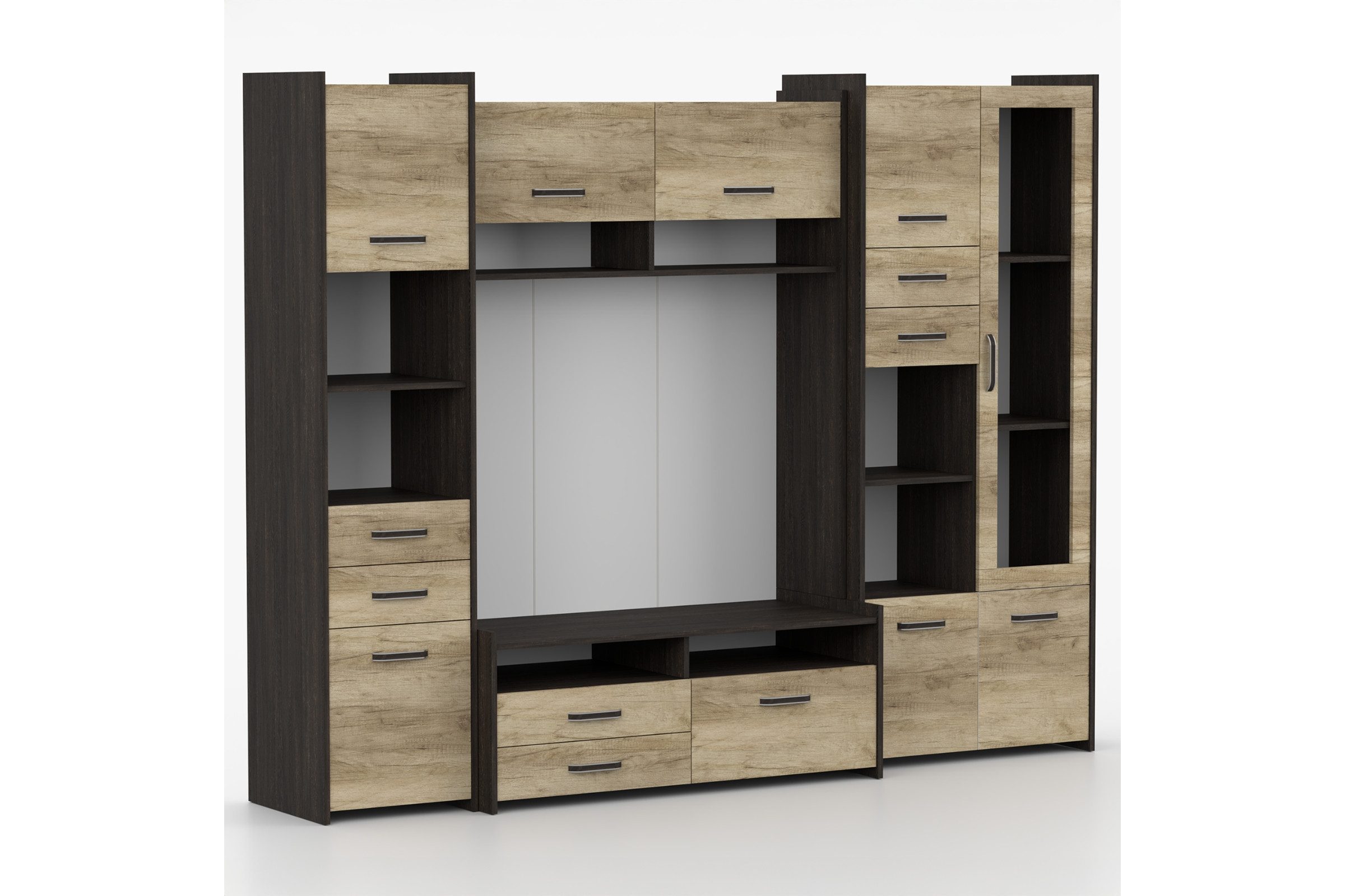 Deine Möbel 24 Wohnwand MAURO MINI 232 cm – Moderne Wohnzimmerschrankwand, (Set, 1-St., Wohnwand mit Stauraum), mit TV-Board, Vitrine und Regalen, in Eiche