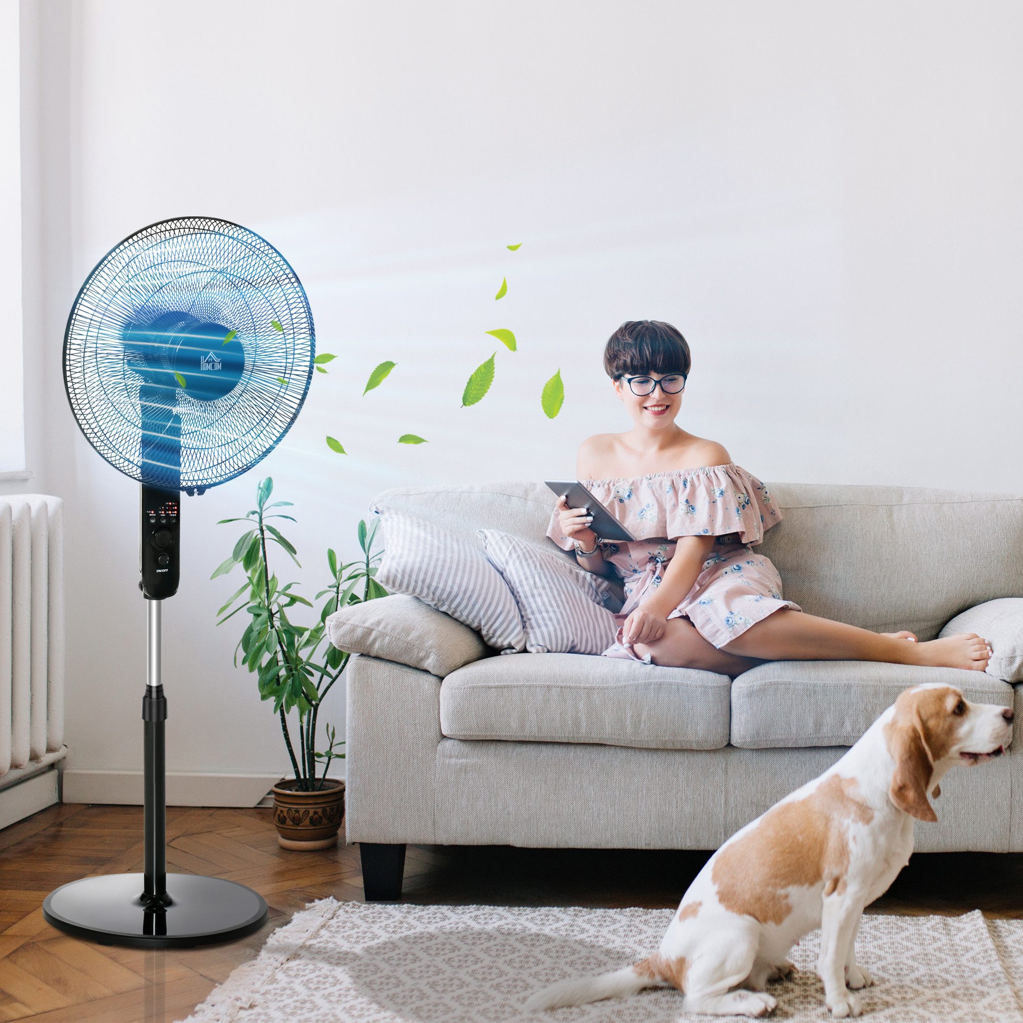 HOMCOM Standventilator Ventilator, Lüfter, 3 Geschwindigkeitsstufen, 7,5h Timer, 44.5 cm Durchmesser, für Wohnzimmer